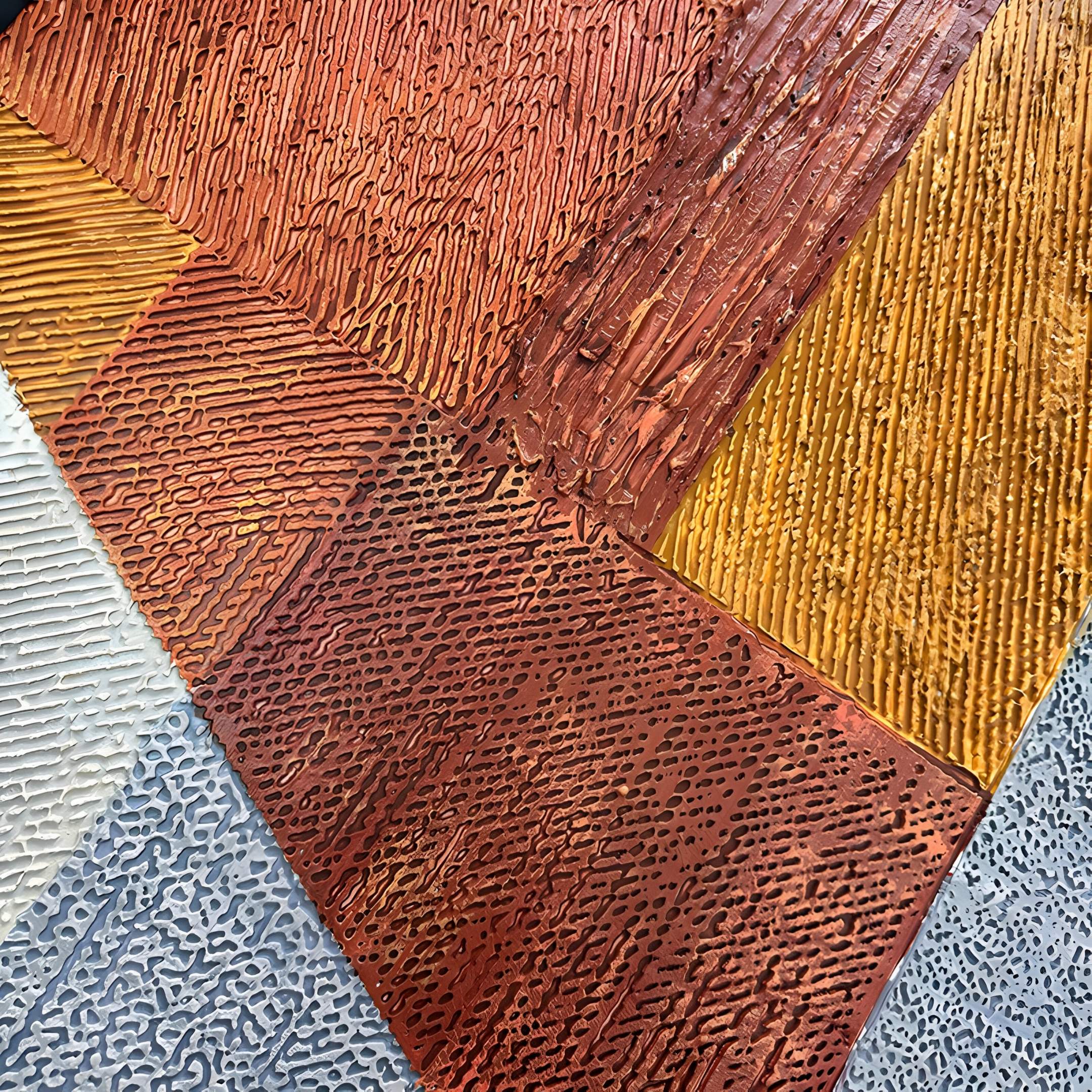 The Aerolith Terracotta Geometry Abstract Textured Framed Wall Art by Giant Sculptures features geometric sections in orange, gold, brown, and gray with varied textures and raised paint for a tactile, dynamic look.