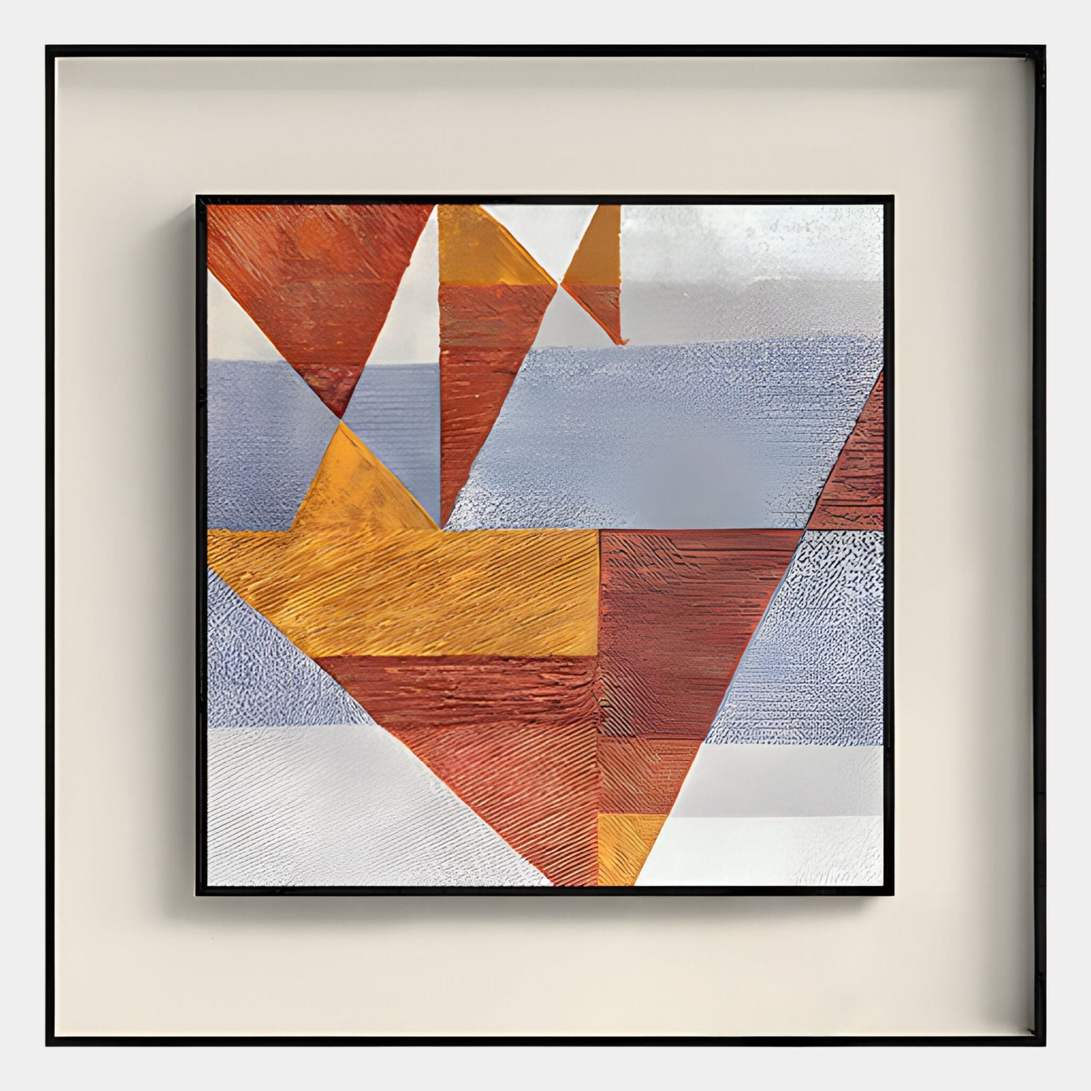 The Aerolith Terracotta Geometry Abstract Textured Framed Wall Art by Giant Sculptures features overlapping red, orange, yellow, and blue triangles on a textured gray and white background, all elegantly framed in black.