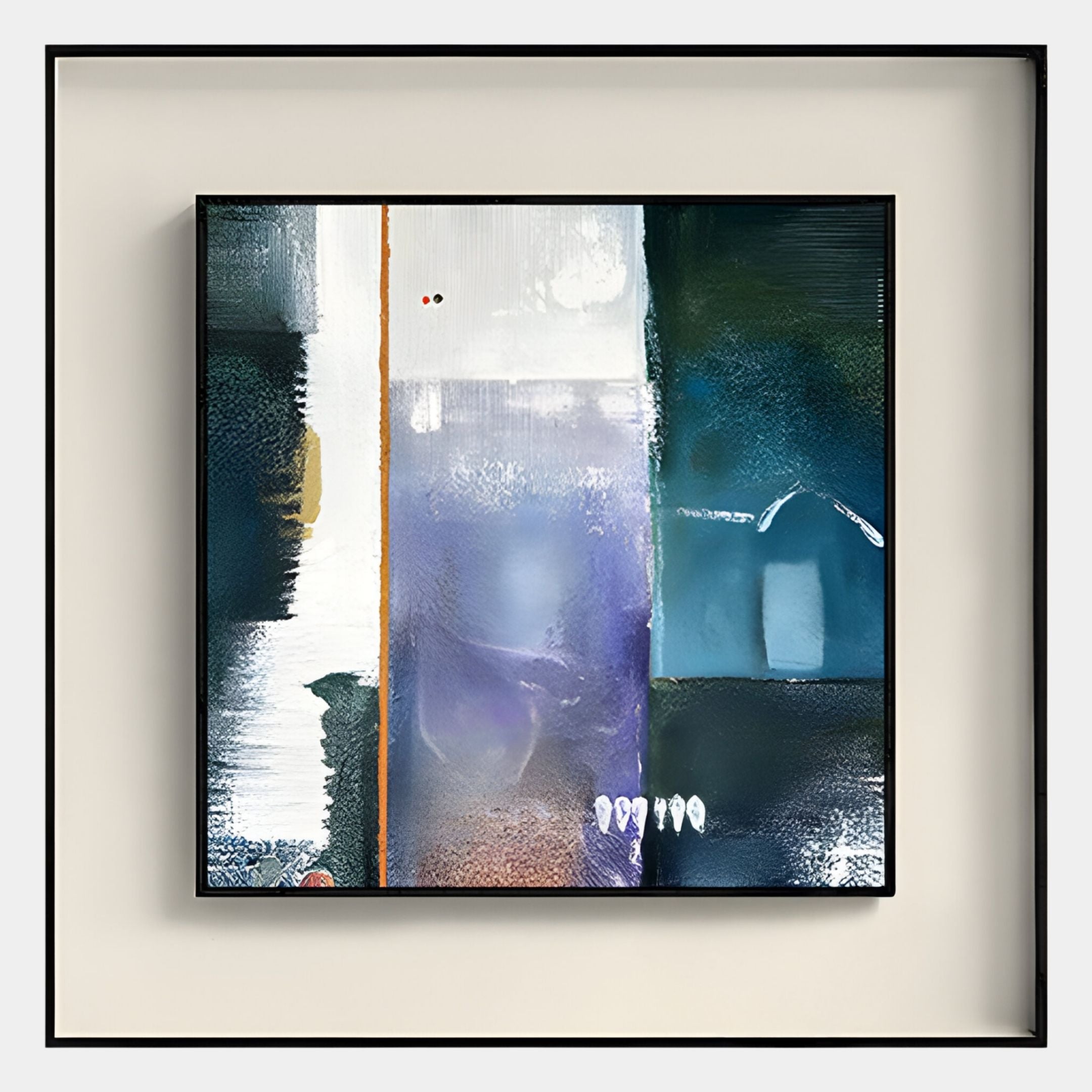 The Aerolith Midnight Blend Abstract Textured Framed Wall Art by Giant Sculptures features bold white, blue, and purple brush strokes divided by a thin orange line—ideal modern decor for living rooms with light walls.