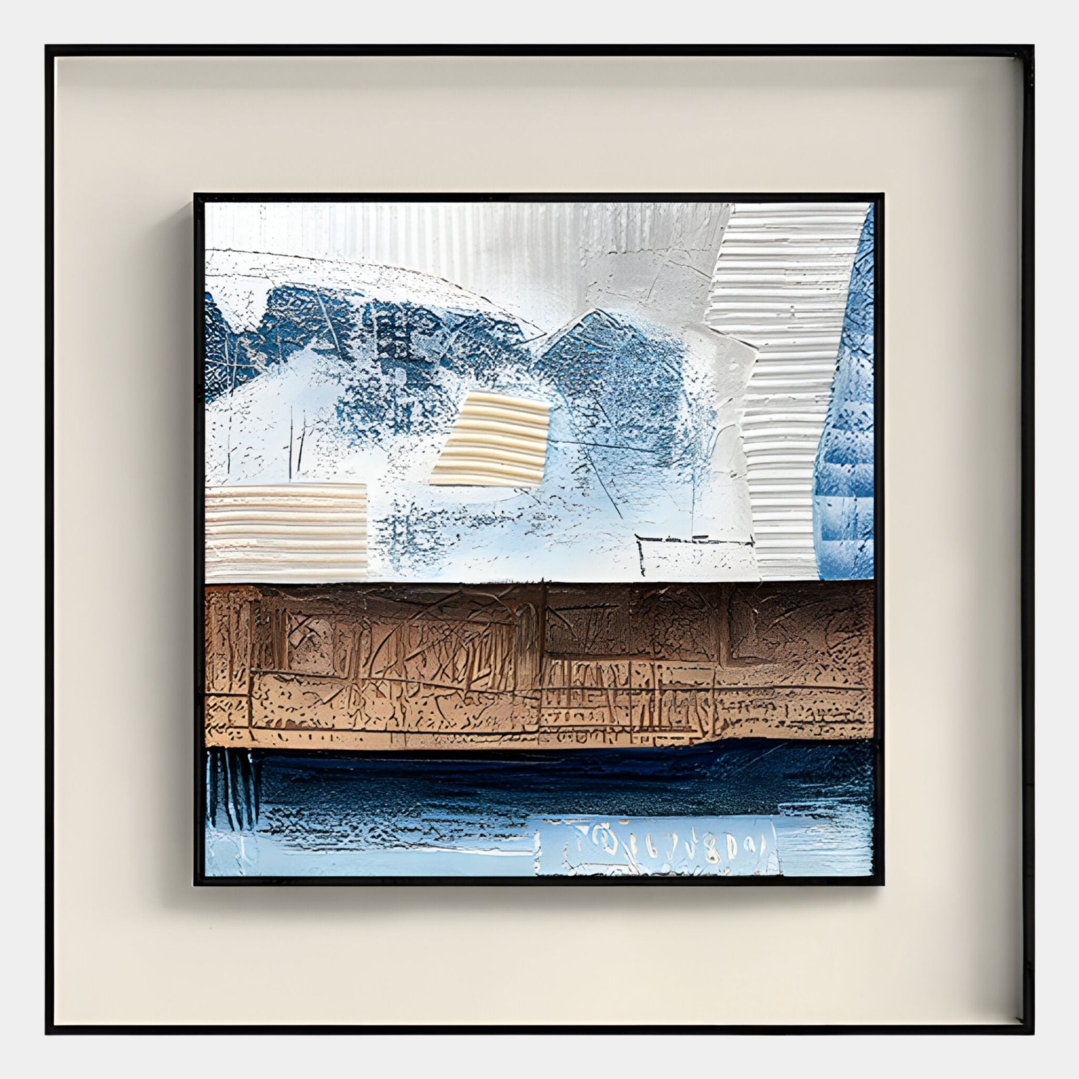 The Aerolith Blue & Earthy Abstract Textured Framed Wall Art by Giant Sculptures features raised blue, white, and brown layers with geometric forms—an ideal modern wall art piece for your living room decor.