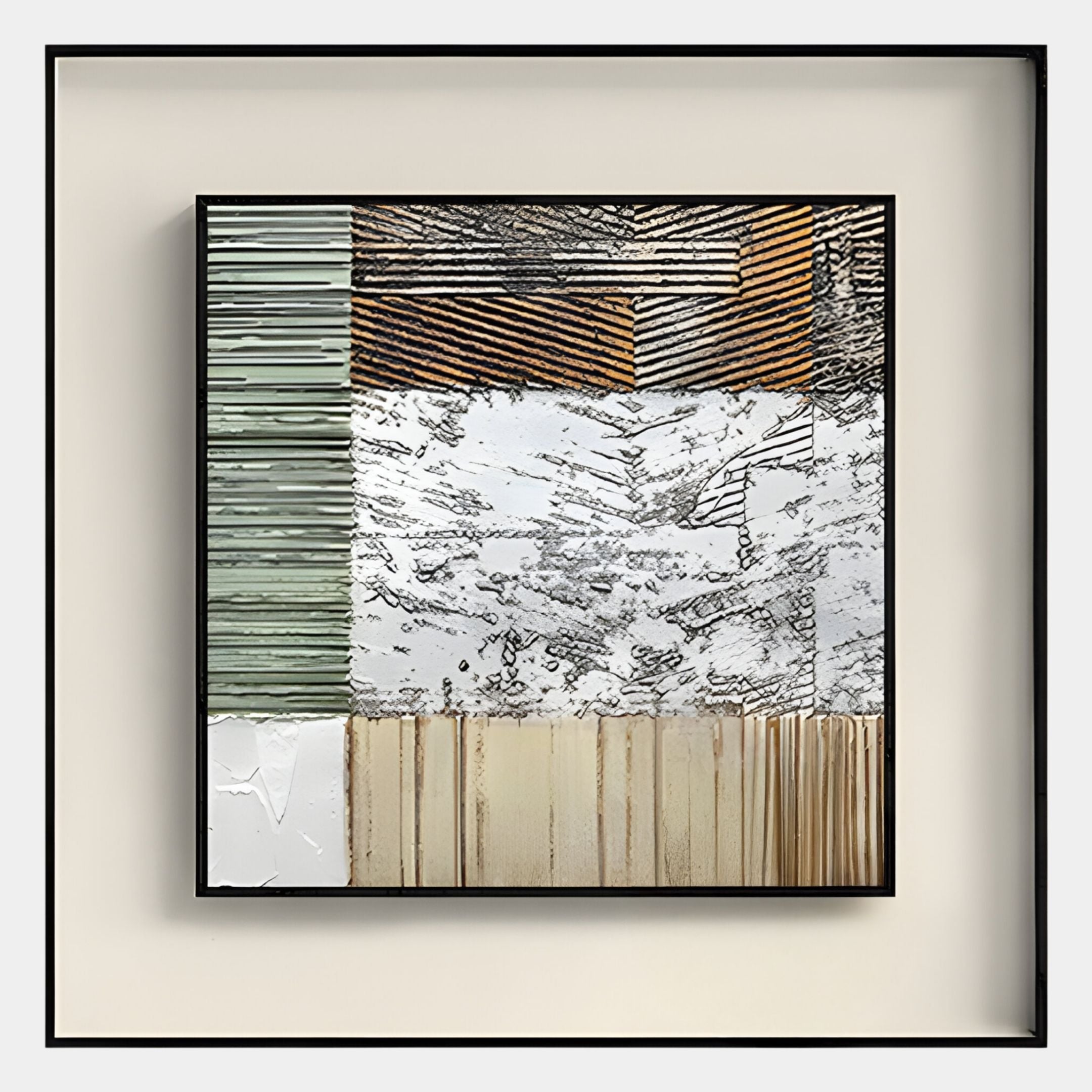 The Aerolith Stone Patterned Abstract Textured Framed Wall Art by Giant Sculptures features green, brown, white, and beige textured sections with horizontal and diagonal lines for a modern, layered look.