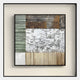 The Aerolith Stone Patterned Abstract Textured Framed Wall Art by Giant Sculptures features green, brown, white, and beige textured sections with horizontal and diagonal lines for a modern, layered look.