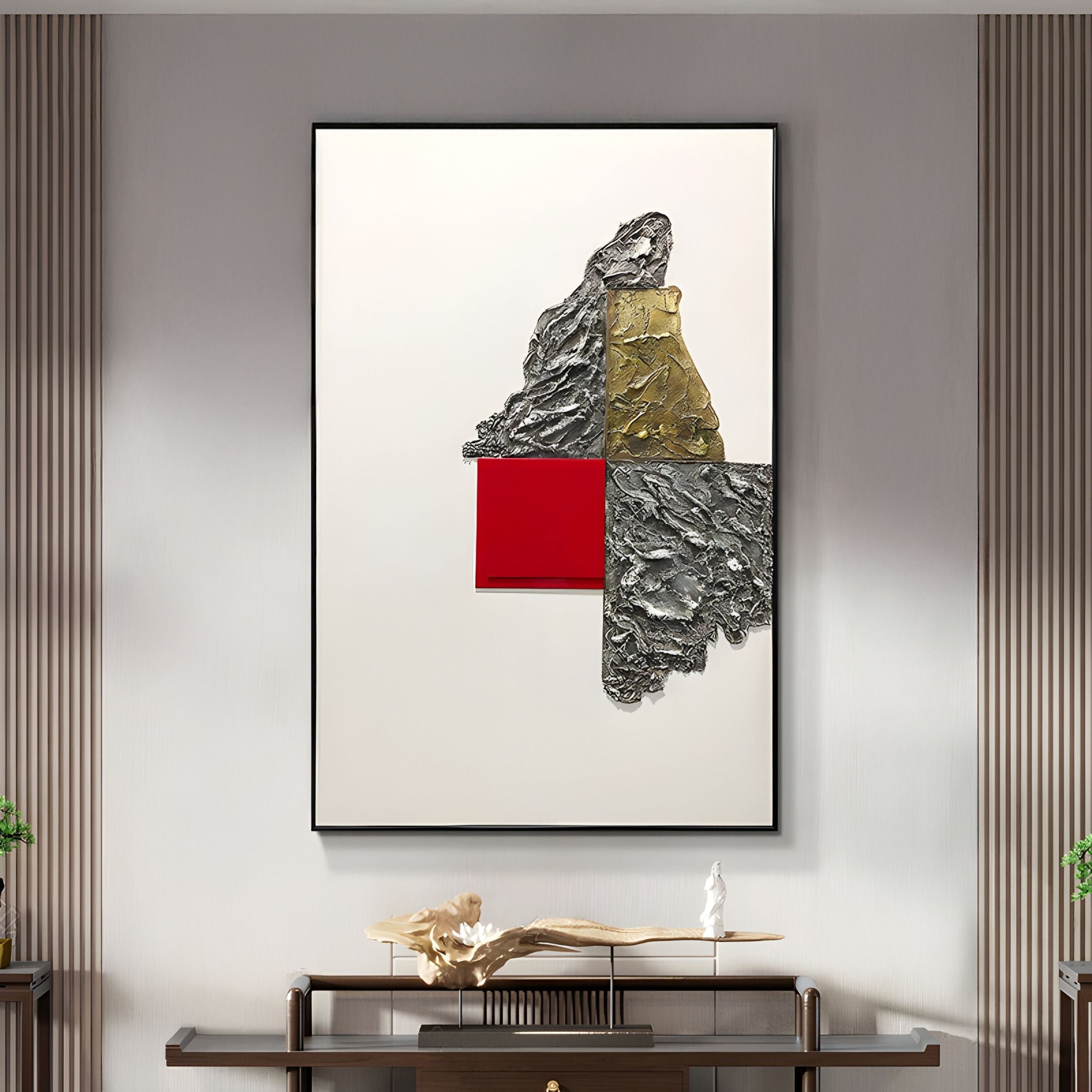 The Volarin Red & Gold Layered Relief 3D Wall Art by Giant Sculptures features metallic silver, gold, and red shapes on white, bringing modern style above a console table.