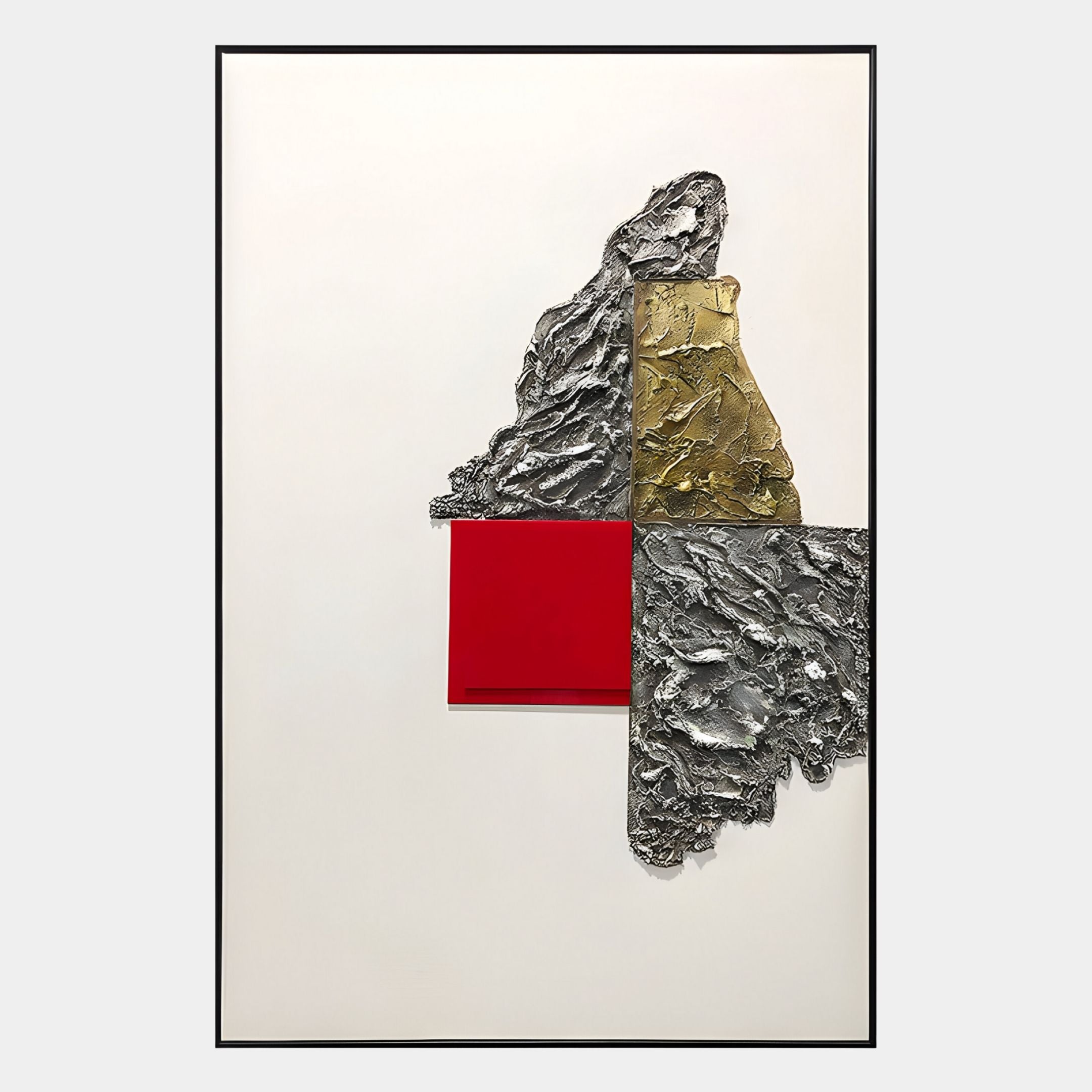 Giant Sculptures’ Volarin Red & Gold Layered Relief 3D Wall Art features textured metallic silver and gold in a mountain motif, accented by a striking red rectangle on a clean white background—ideal for modern interiors.