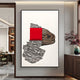 The Volarin Red & Bronze Layered Relief 3D Wall Art by Giant Sculptures features abstract wood grain in brown and black, textured gray shapes, and a bold red center square, enhancing the space’s contemporary elegance.