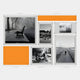 The Framegrid Orange Mixed-Size Gallery 7-Set Acrylic Wall Art by Giant Sculptures features seven frames—five with black-and-white photos and two solid orange—arranged in various sizes, with each dimension labeled above the frame.