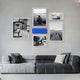 A modern gray sofa faces a light gray wall decorated with the Giant Sculptures Framegrid Blue Mixed-Size Gallery 6-Set Acrylic Wall Art, featuring black-and-white photos and a bold blue rectangle for a contemporary look.