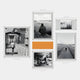 The Framegrid Orange Mixed-Size Gallery 6-Set Acrylic Wall Art by Giant Sculptures features six framed prints—mainly black and white portraits and landscapes—plus one bold orange frame, with sizes in centimeters for a stylish modern decor upgrade.