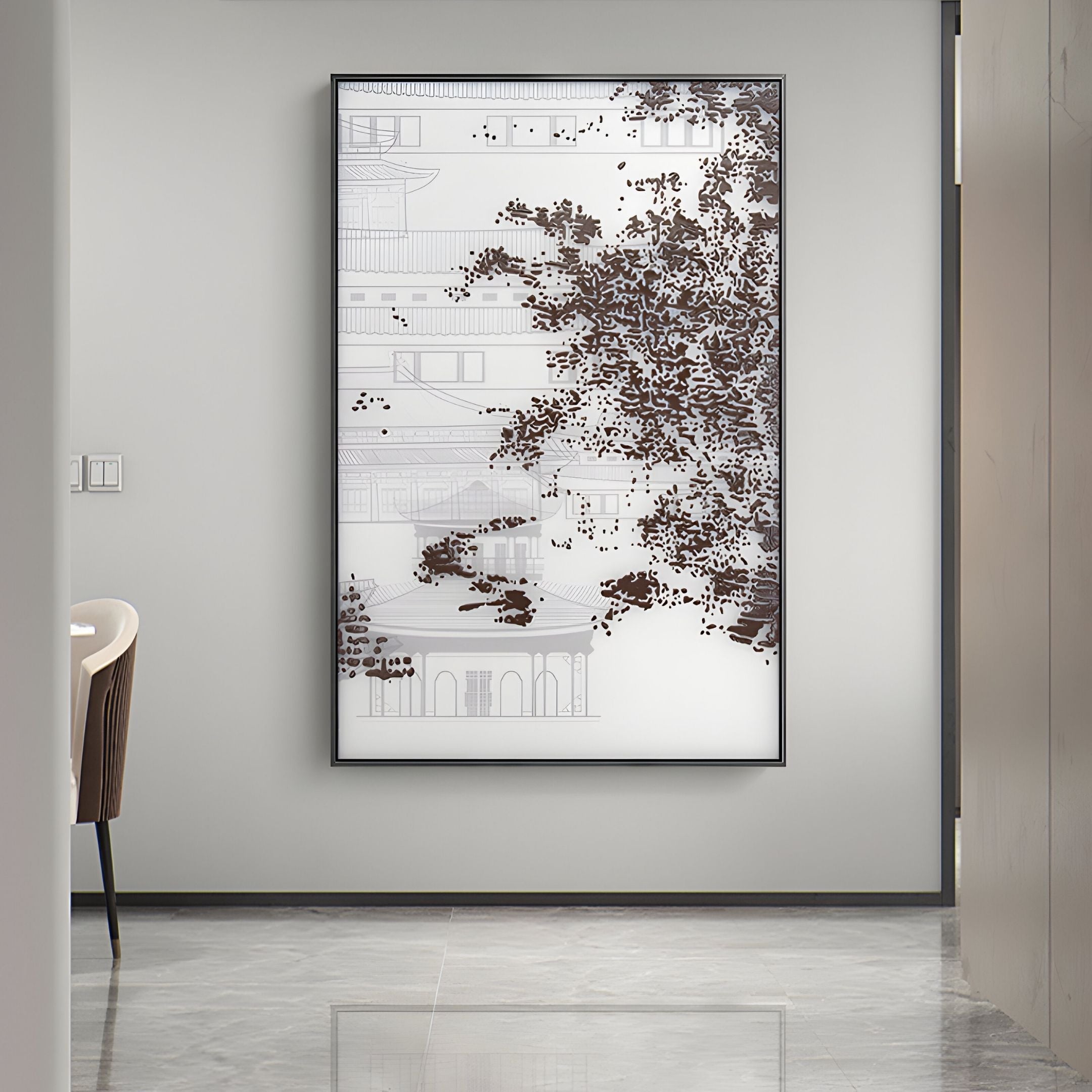 The Kairoshi II Pavilion Architectural Silk Relief 3D Wall Art by Giant Sculptures hangs on a modern light gray wall, showcasing architectural lines and a brown tree silhouette, with a chair, table, and polished marble floor also visible.