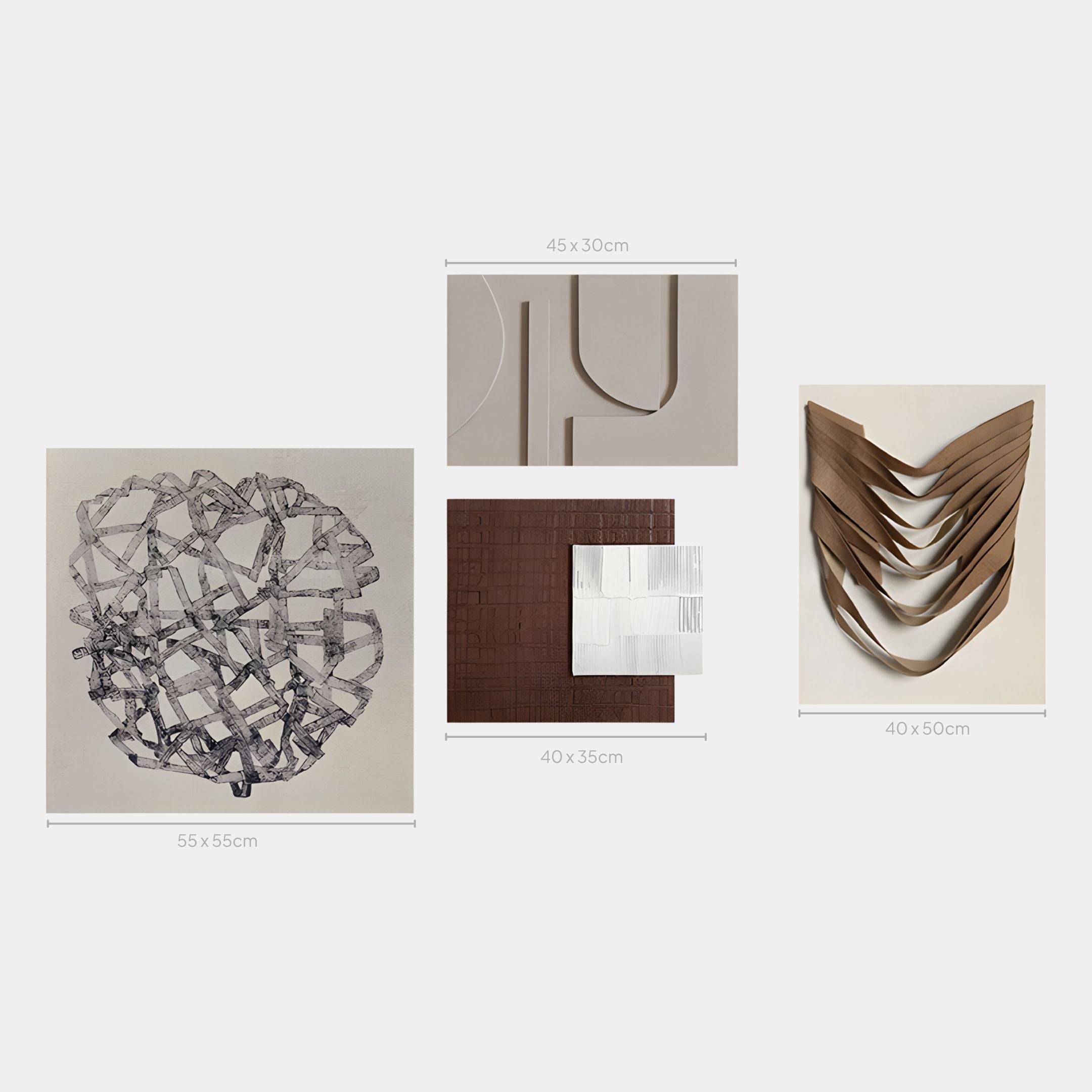 The Mirello 4-Set Neutral Sculptural Mixed Media 3D Wall Art by Giant Sculptures features four pieces (55x55cm, 45x30cm, 40x35cm, and 40x50cm), arranged for striking neutral decor.