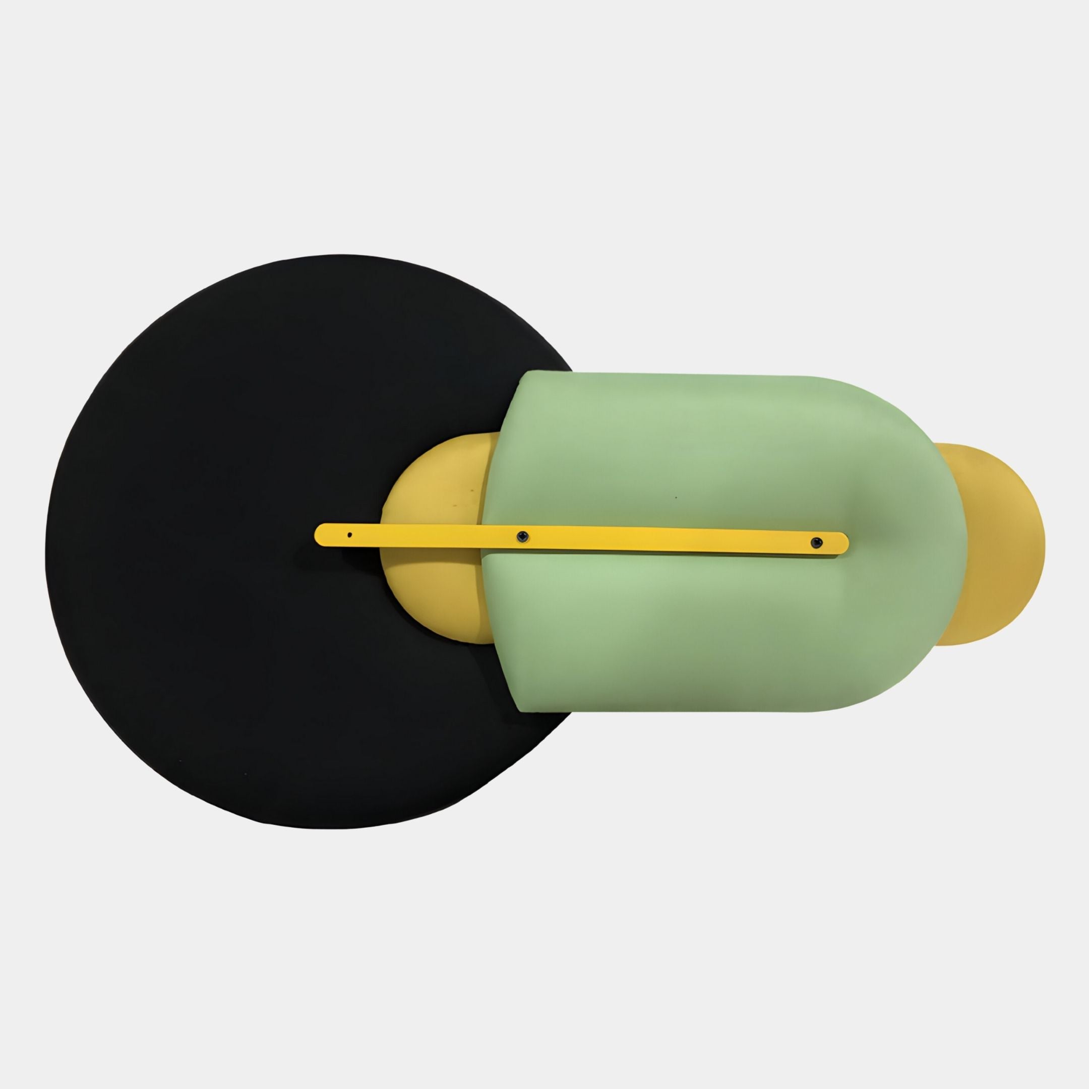 The Solvia Green & Yellow Layered Geometry 3D Wall Art by Giant Sculptures features overlapping shapes in black, yellow, and light green with a yellow horizontal bar, adding striking contemporary decor against a white background.