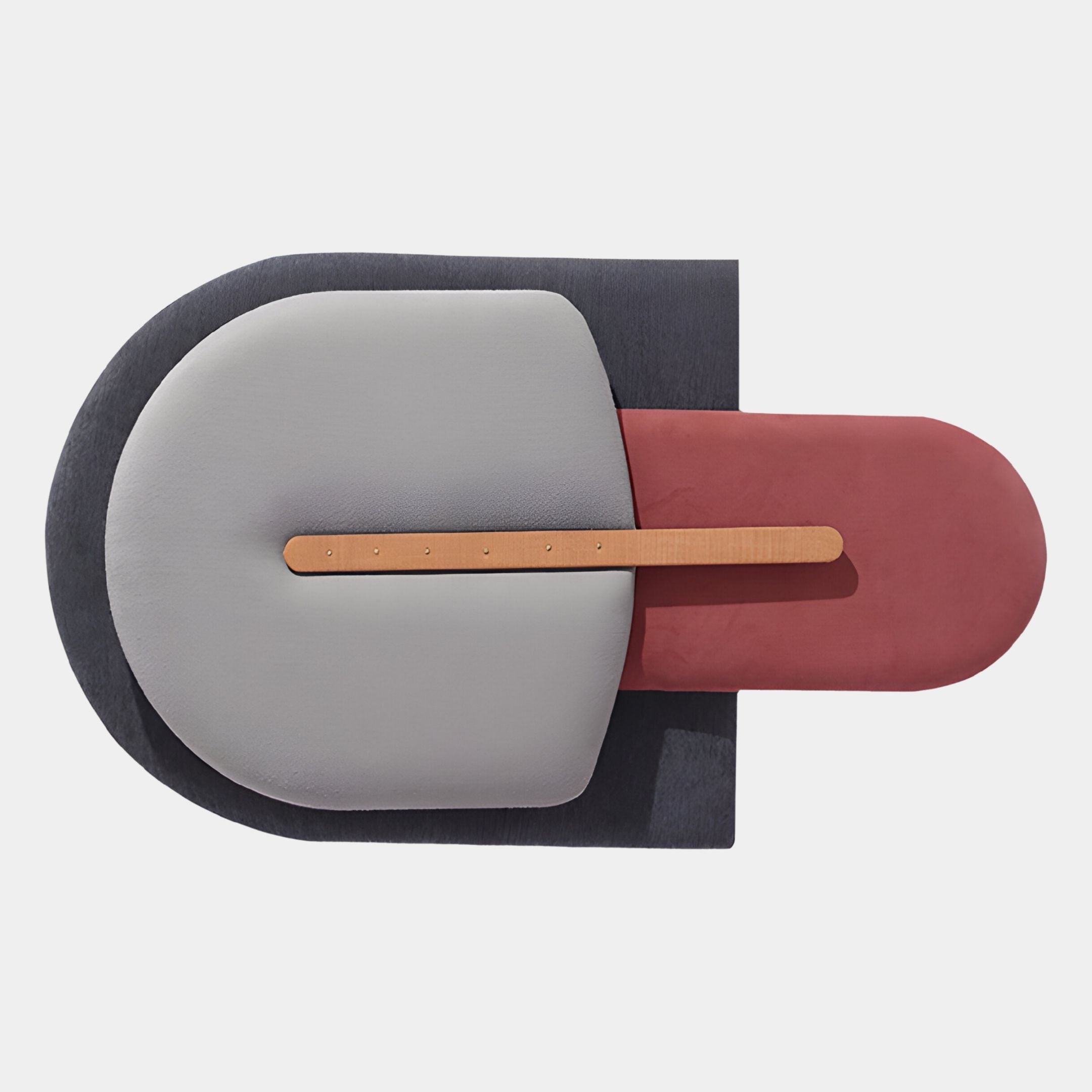 The Solvia Grey & Burgundy Layered Geometry 3D Wall Art by Giant Sculptures features a dark gray semicircle, light gray rounded rectangle, red elongated oval, and thin beige strip—modern geometric decor for any space.