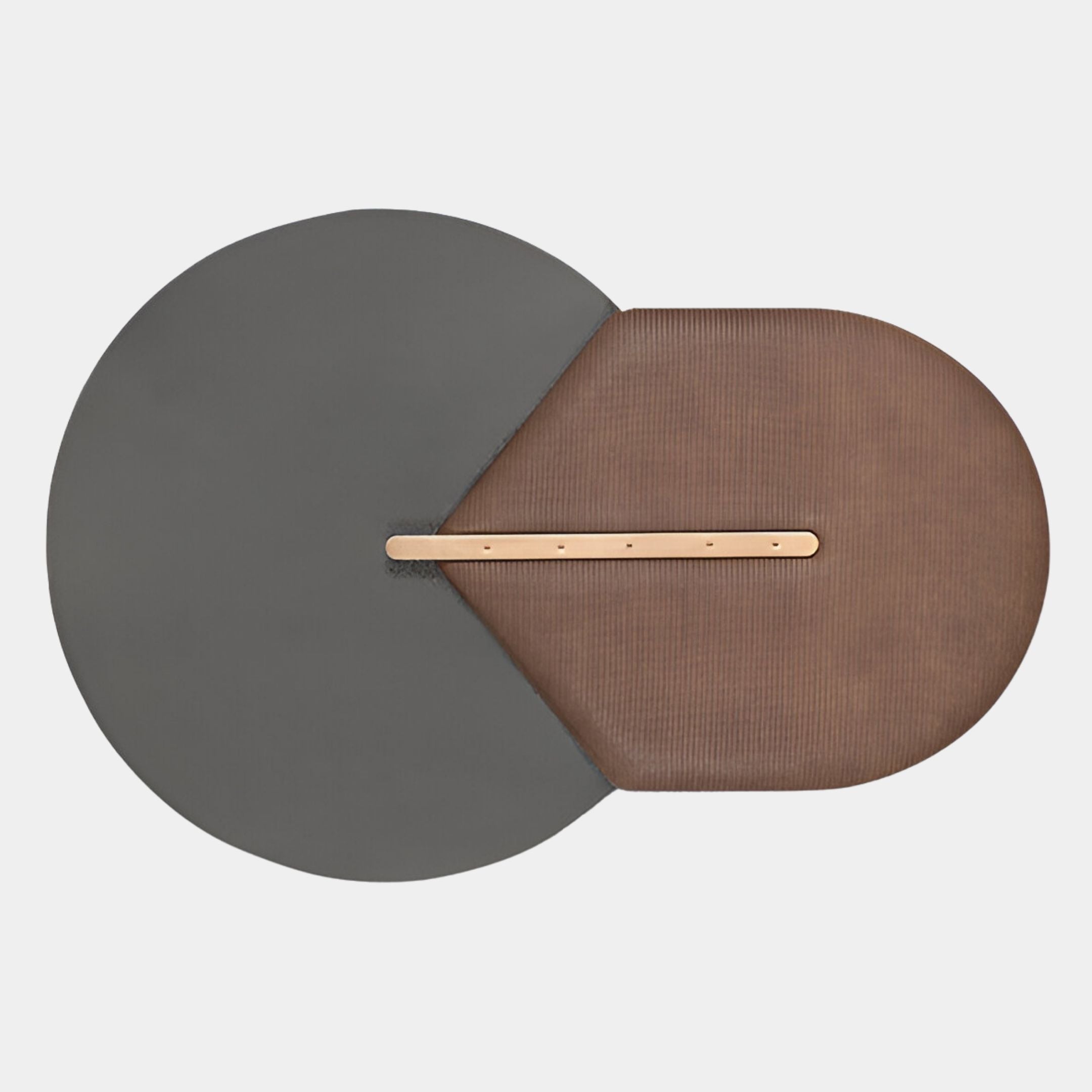 The Solvia Brown & Grey Layered Geometry 3D Wall Art by Giant Sculptures features modern, contemporary style with overlapping shapes—round matte black and rounded rectangular brown elements—separated by a slim gold metallic strip.