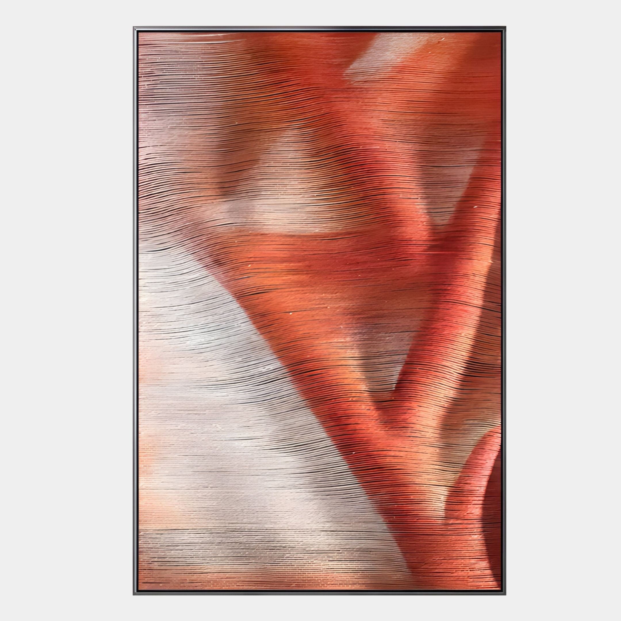The Giant Sculptures Rivara Ember Wave Hand-Painted Rope 3D Wall Art features wavy lines over red, orange, and beige forms, adding depth and a modern touch to artistic interiors.