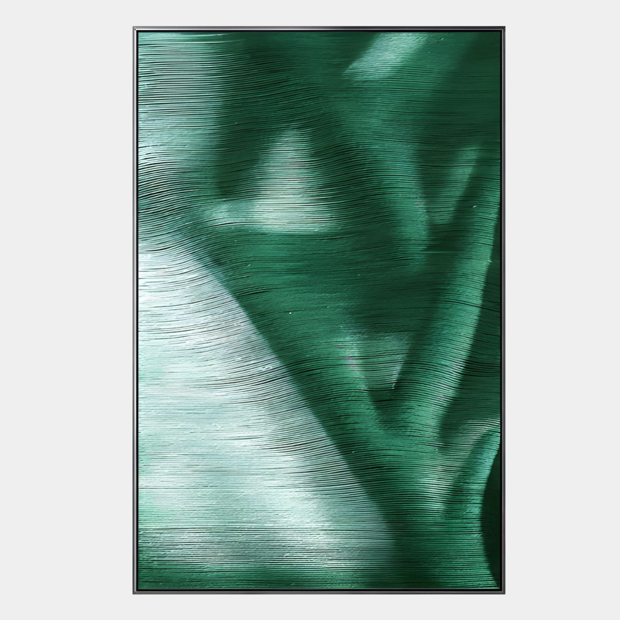 The Rivara Emerald Flow Hand-Painted Rope 3D Wall Art by Giant Sculptures features textured green and white lines in organic leaf-like shapes with a glossy, ridged surface—ideal for contemporary interiors.