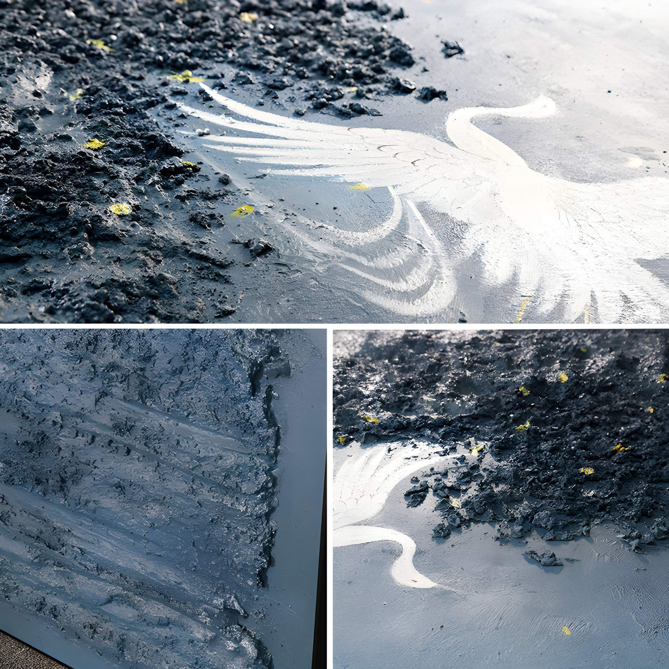 The Aeralune Blue Crane Textured Oil Painting 3D Wall Art by Giant Sculptures features a white crane with outstretched wings, partially veiled by dark textured material and yellow accents, displayed from various angles to emphasize depth and texture.