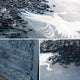 The Aeralune Blue Crane Textured Oil Painting 3D Wall Art by Giant Sculptures features a white crane with outstretched wings, partially veiled by dark textured material and yellow accents, displayed from various angles to emphasize depth and texture.