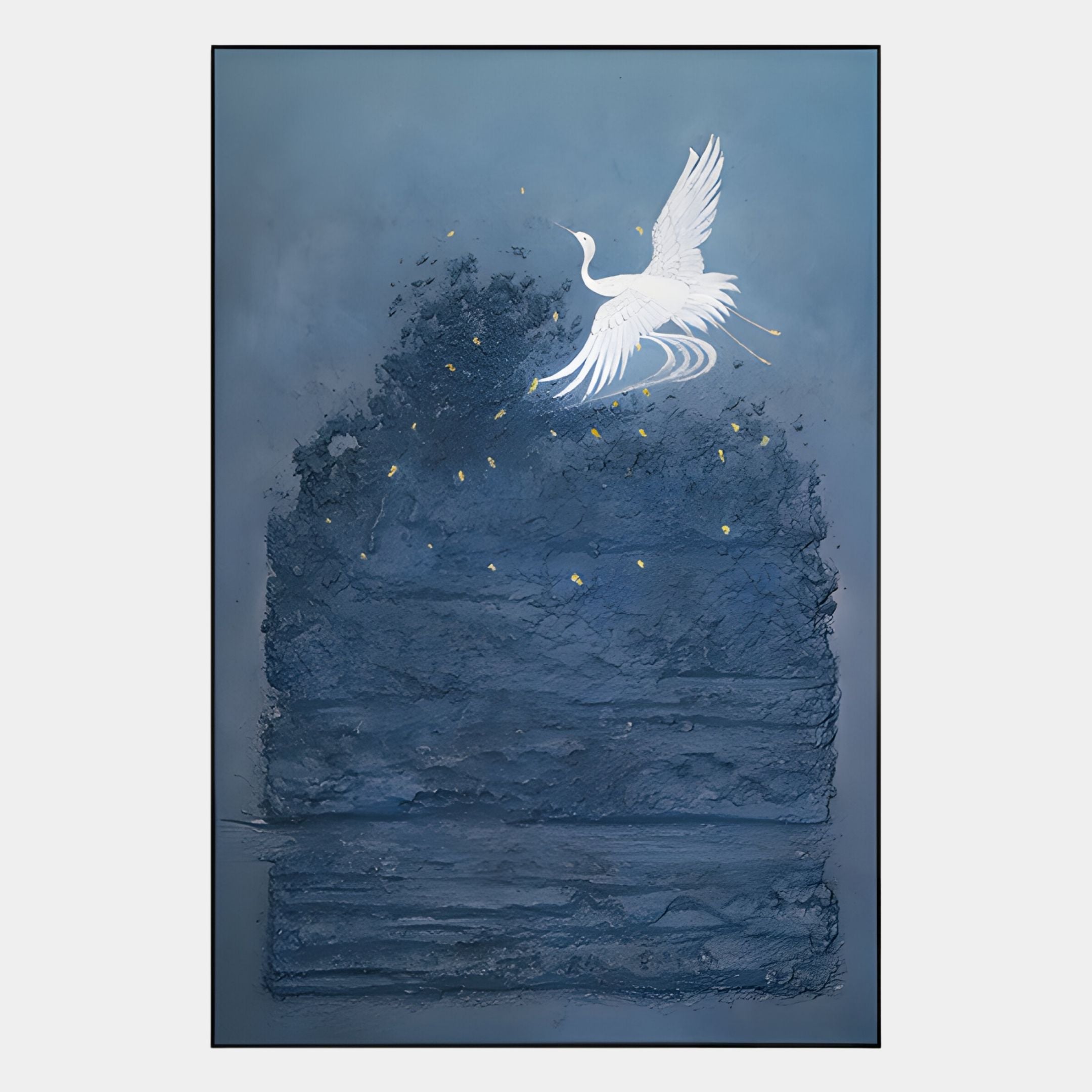 The Aeralune Blue Crane Textured Oil Painting 3D Wall Art by Giant Sculptures features a white heron soaring over a blue abstract background with glowing yellow dots, creating a mesmerizing and artistic visual effect.