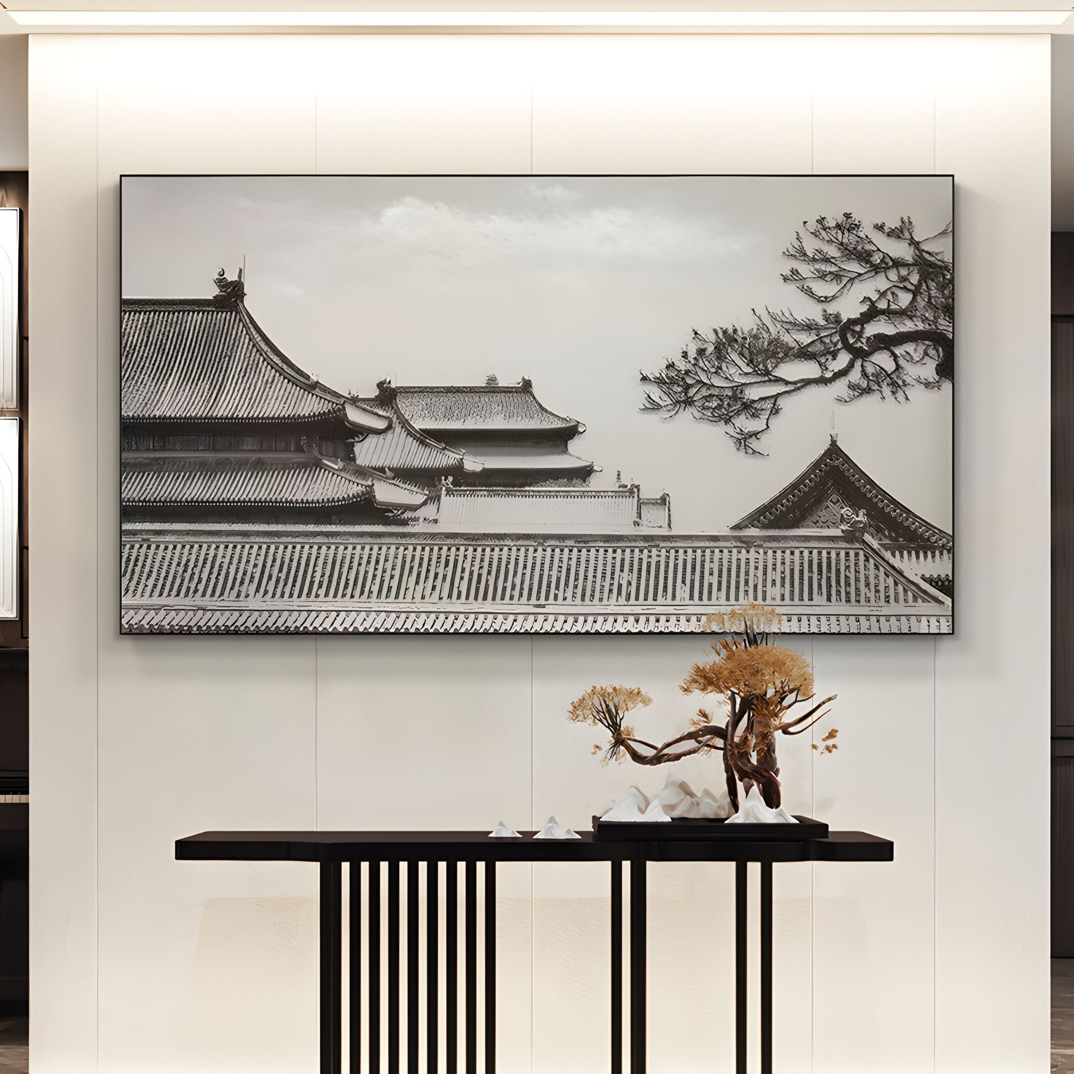 A minimalist interior showcases Giant Sculptures' Archion Temple Roofline Nail Painting 3D Wall Art above a black console table with bonsai trees, capturing East Asian architecture and branches in a refined monochrome palette.