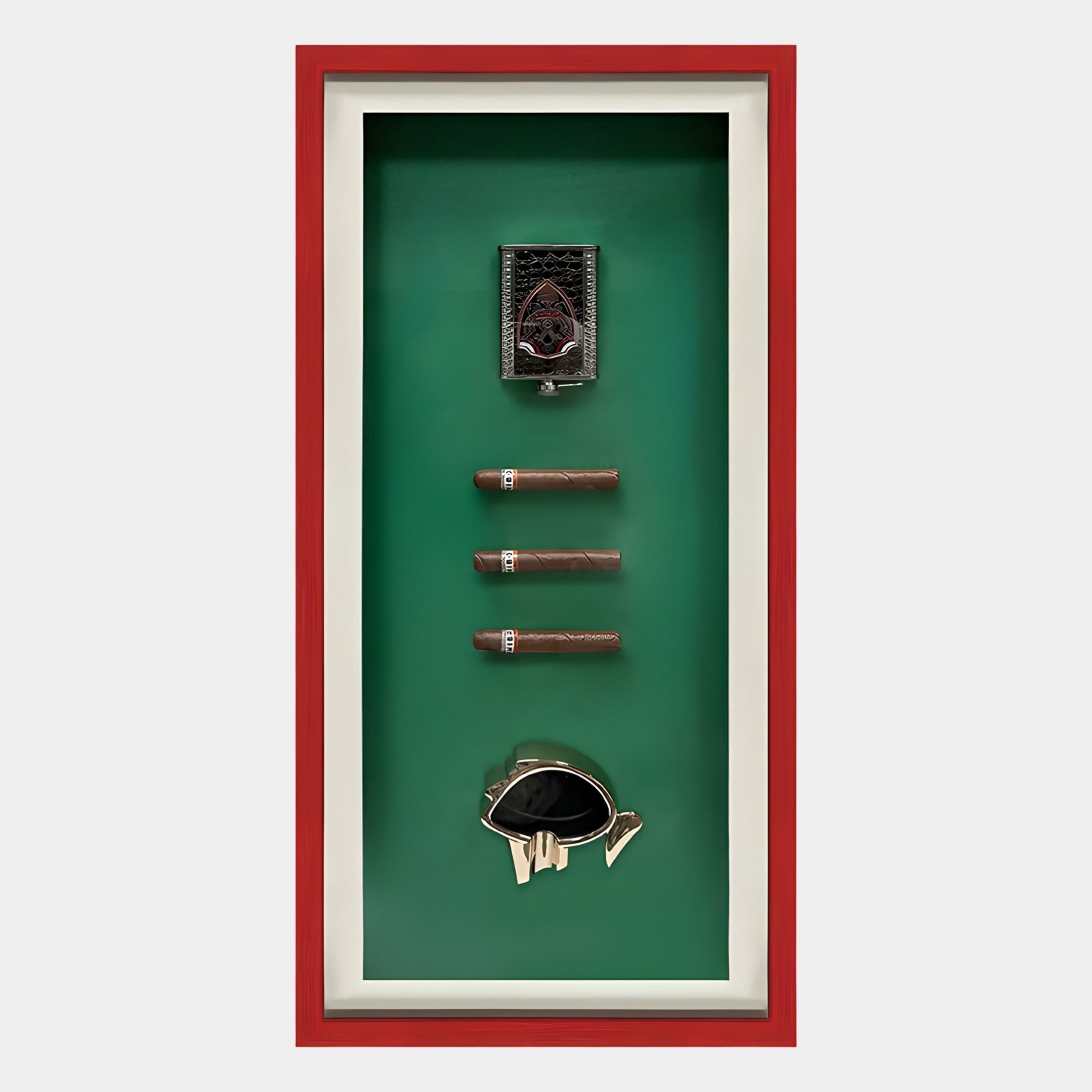 The Cavendor Cigar & Badge Green Framed Wall Art by Giant Sculptures features three cigars and luxury accessories in a red frame—an elegant cigar wall art piece, perfect for sophisticated home decor.