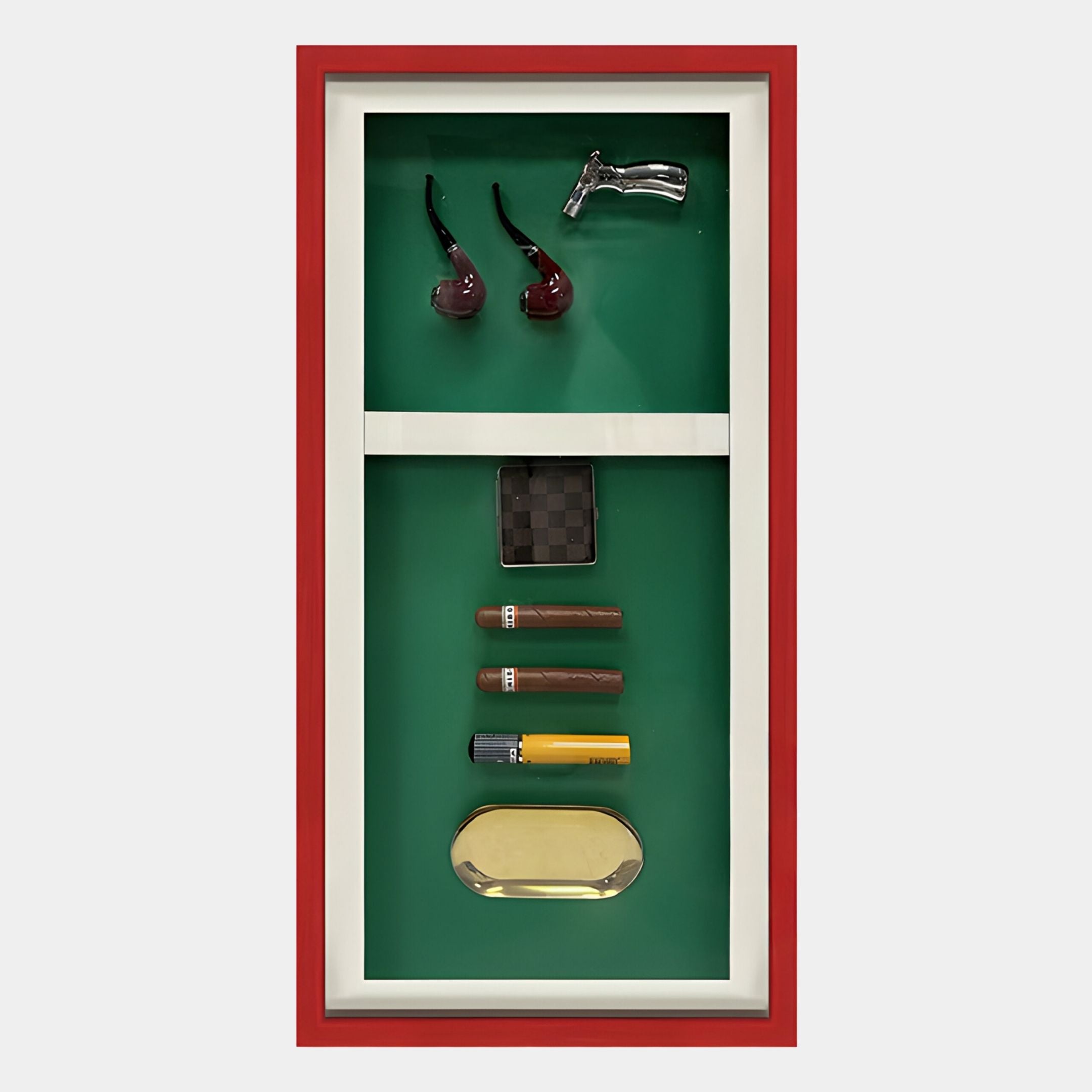 The Cavendor Pipe, Torch & Cigar Green Framed Wall Art by Giant Sculptures features smoking pipes, a lighter, and cigars in a red display case—adding sophisticated style to any gentleman’s decor.