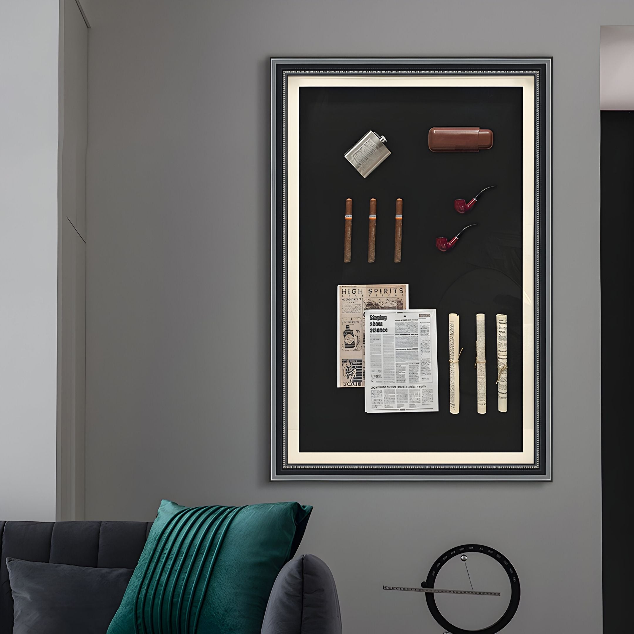 Showcase vintage style with the Vintor Gentleman Pipe, Cigar & Heritage Framed Wall Art by Giant Sculptures. Featuring cigars, pipes, a lighter & vintage newspaper on black, this piece fits perfectly above a modern couch for retro-inspired interiors.
