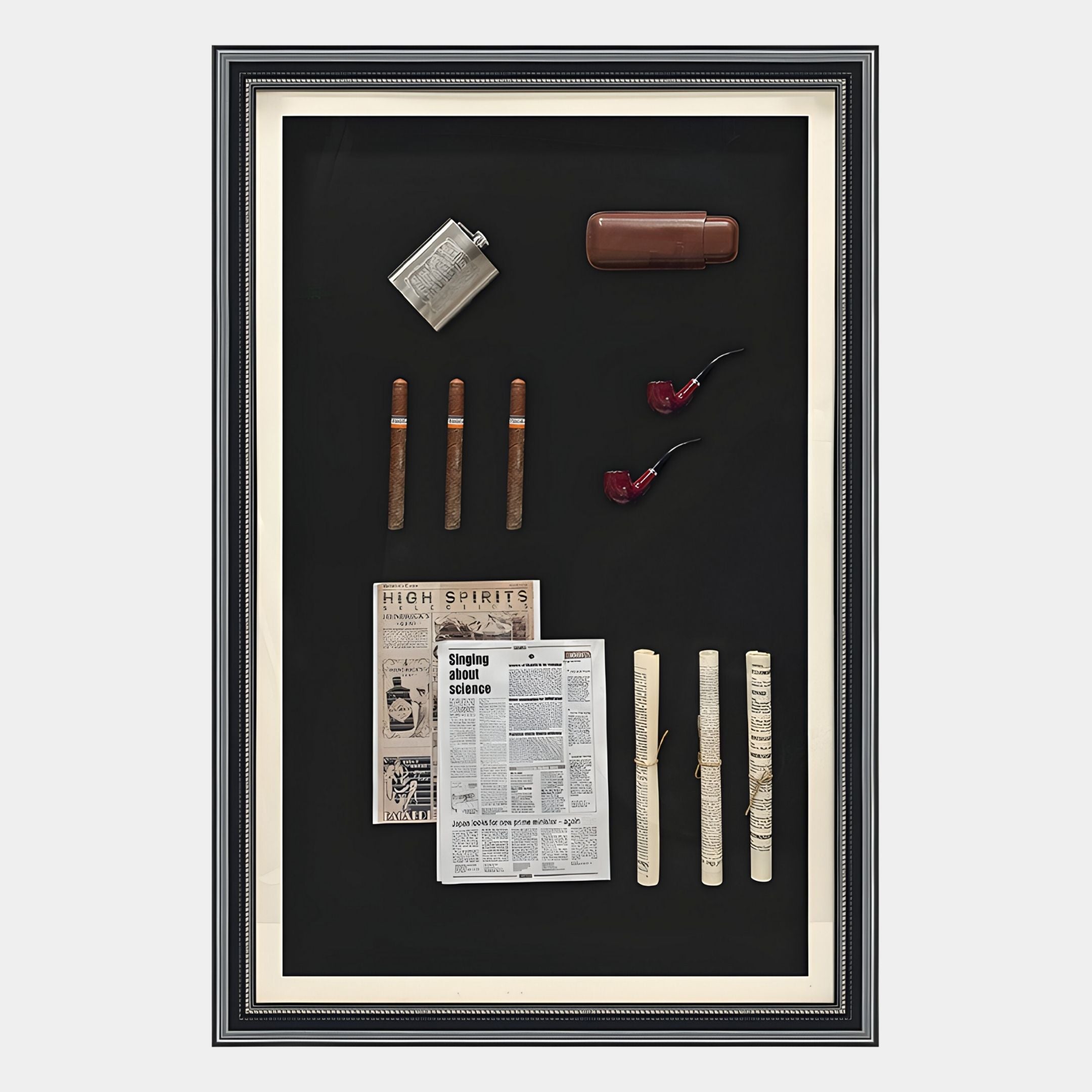 The Vintor Gentleman Pipe, Cigar & Heritage Framed Wall Art by Giant Sculptures features pipes, cigars, a flask, and a brown case on a black background—ideal vintage-inspired décor for sophisticated interiors.