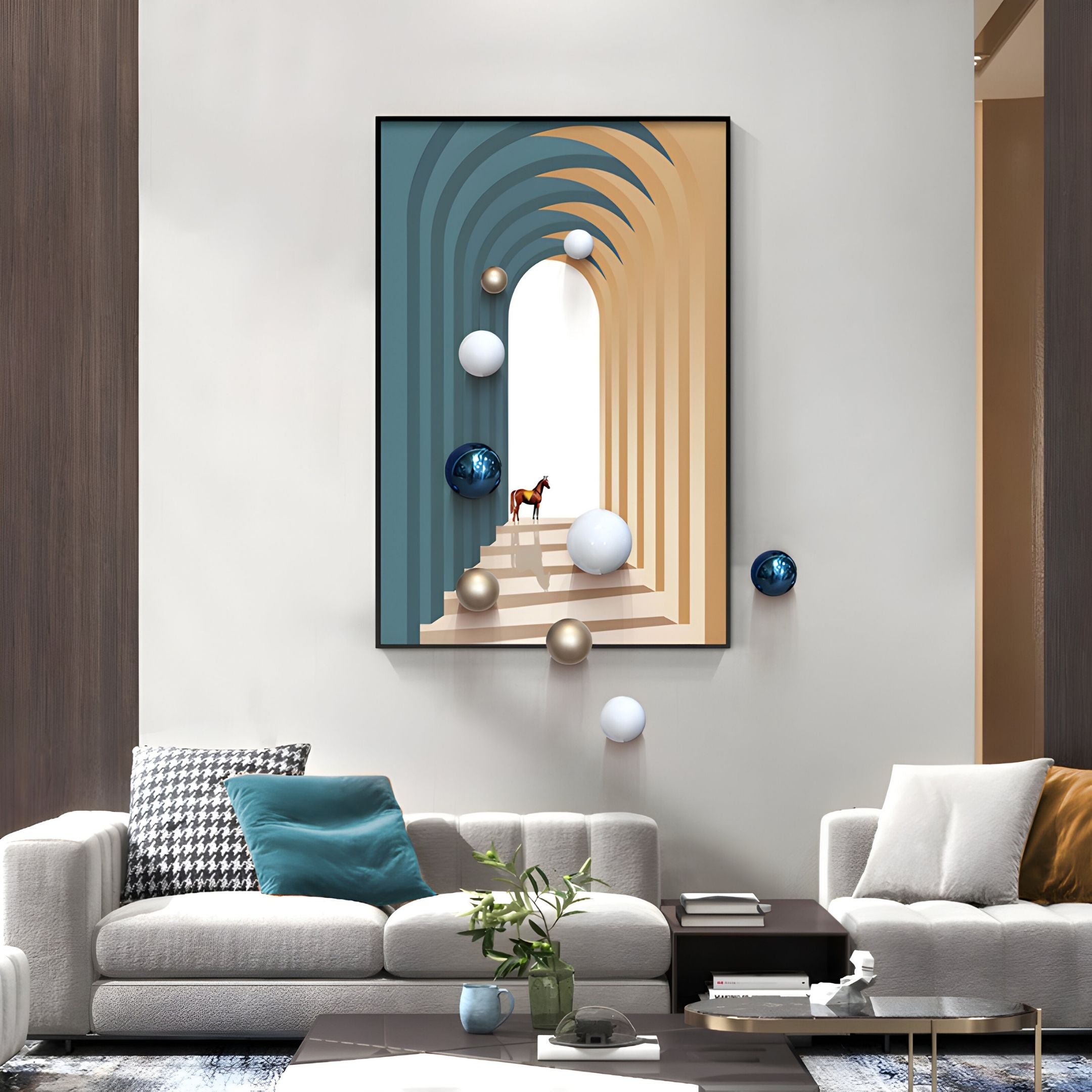 A modern living room with light sofas, accent pillows, and a coffee table with plants features Giant Sculptures’ Vaultis Teal & Sand Archway 3D Wall Art With Metal Balls above the sofa, adding striking architectural decor to the space.