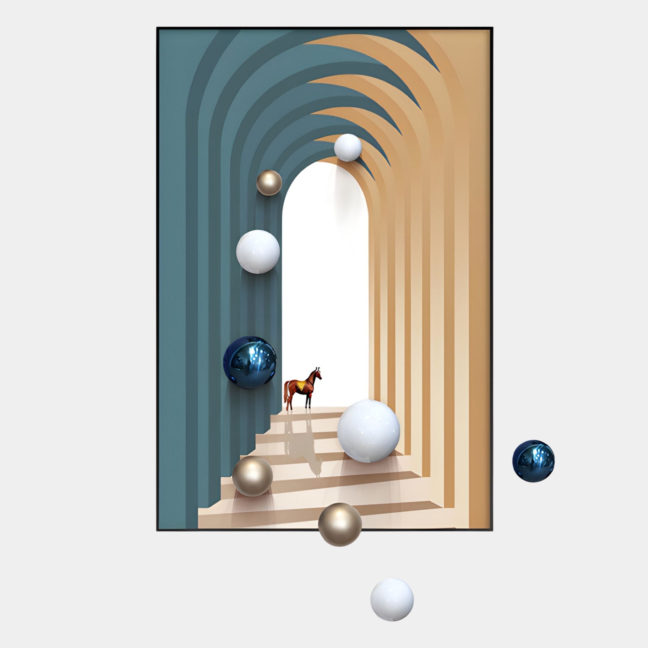 Vaultis Teal & Sand Archway 3D Wall Art With Metal Balls by Giant Sculptures features a surreal small horse on arched steps, blue and beige walls, and floating sculptural metal spheres for striking architectural decor.