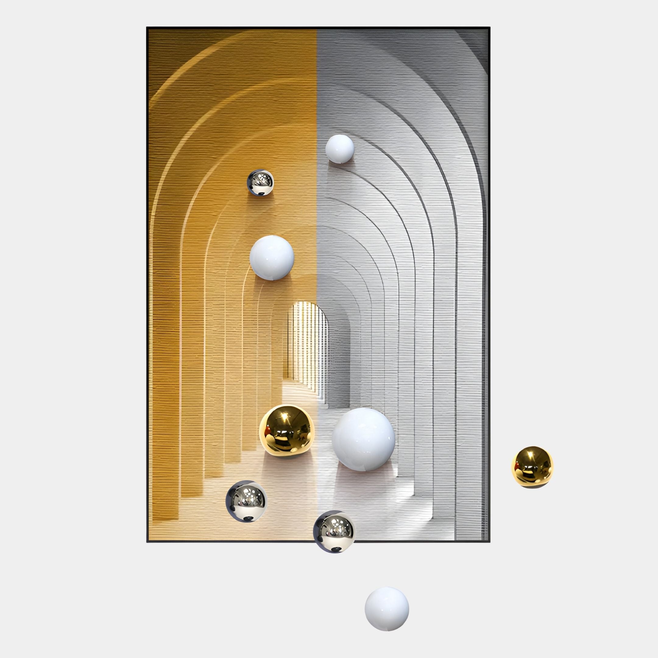 The Vaultis Gold & Silver Archway 3D Wall Art With Metal Balls by Giant Sculptures features a rectangular tunnel divided into shimmering gold and silver halves, with arched layers and metal balls in gold, silver, and white both inside and outside the frame.