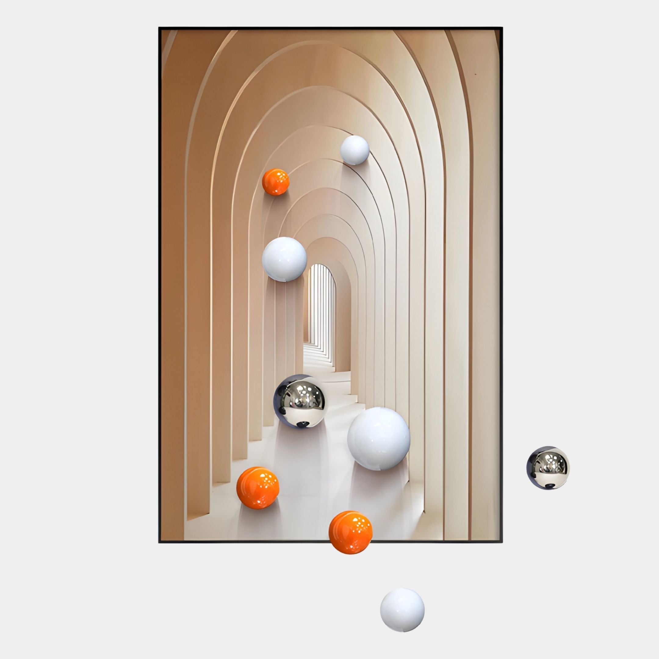 The Vaultis Ivory & Sand Archway 3D Wall Art With Metal Balls by Giant Sculptures features beige arches and floating metal spheres on a light background—a modern, surreal piece ideal for contemporary spaces.