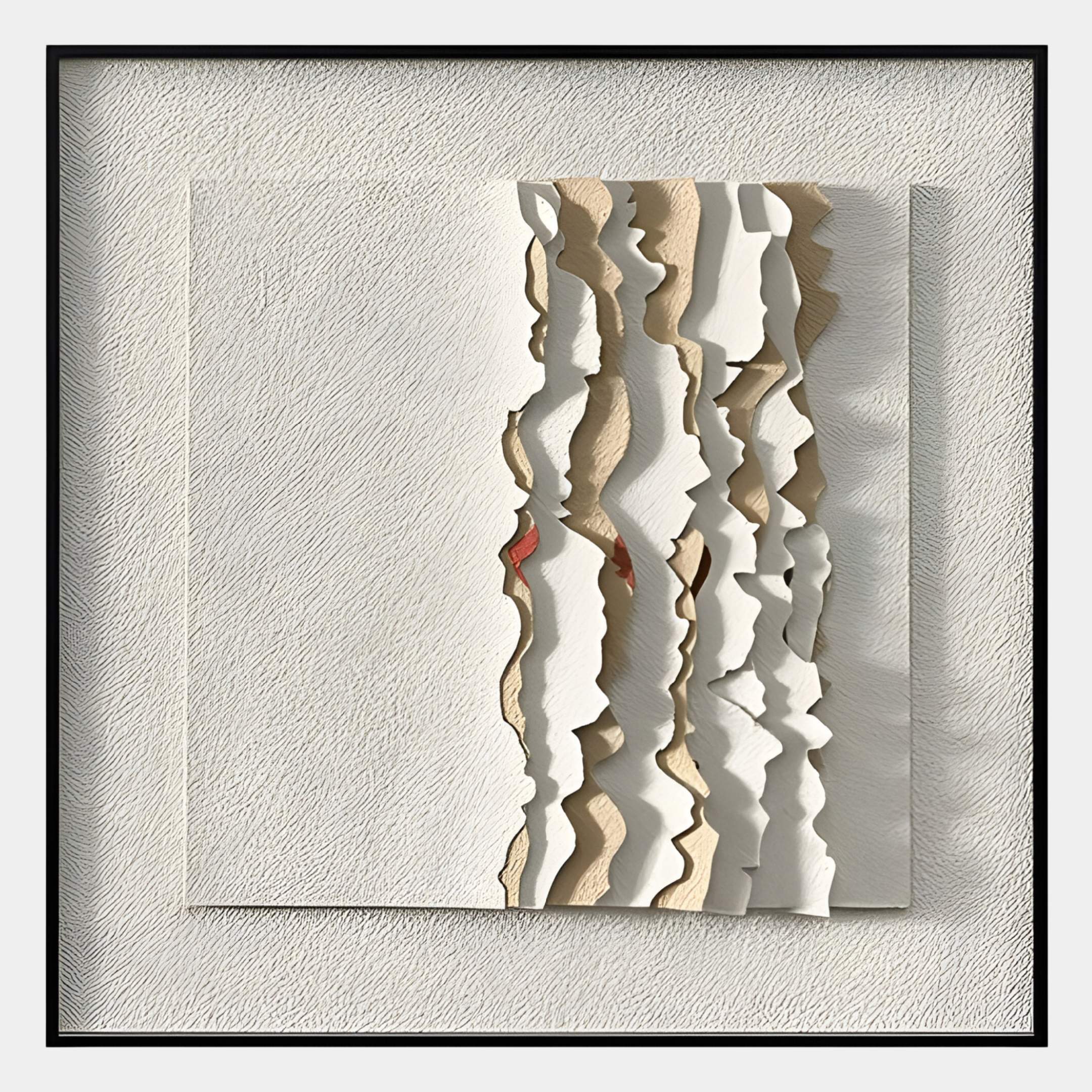 The Rivura White Layered Sandstone Texture 3D Wall Art by Giant Sculptures features jagged, layered cuts revealing beige and off-white tones on a textured white square background, all elegantly framed in black.