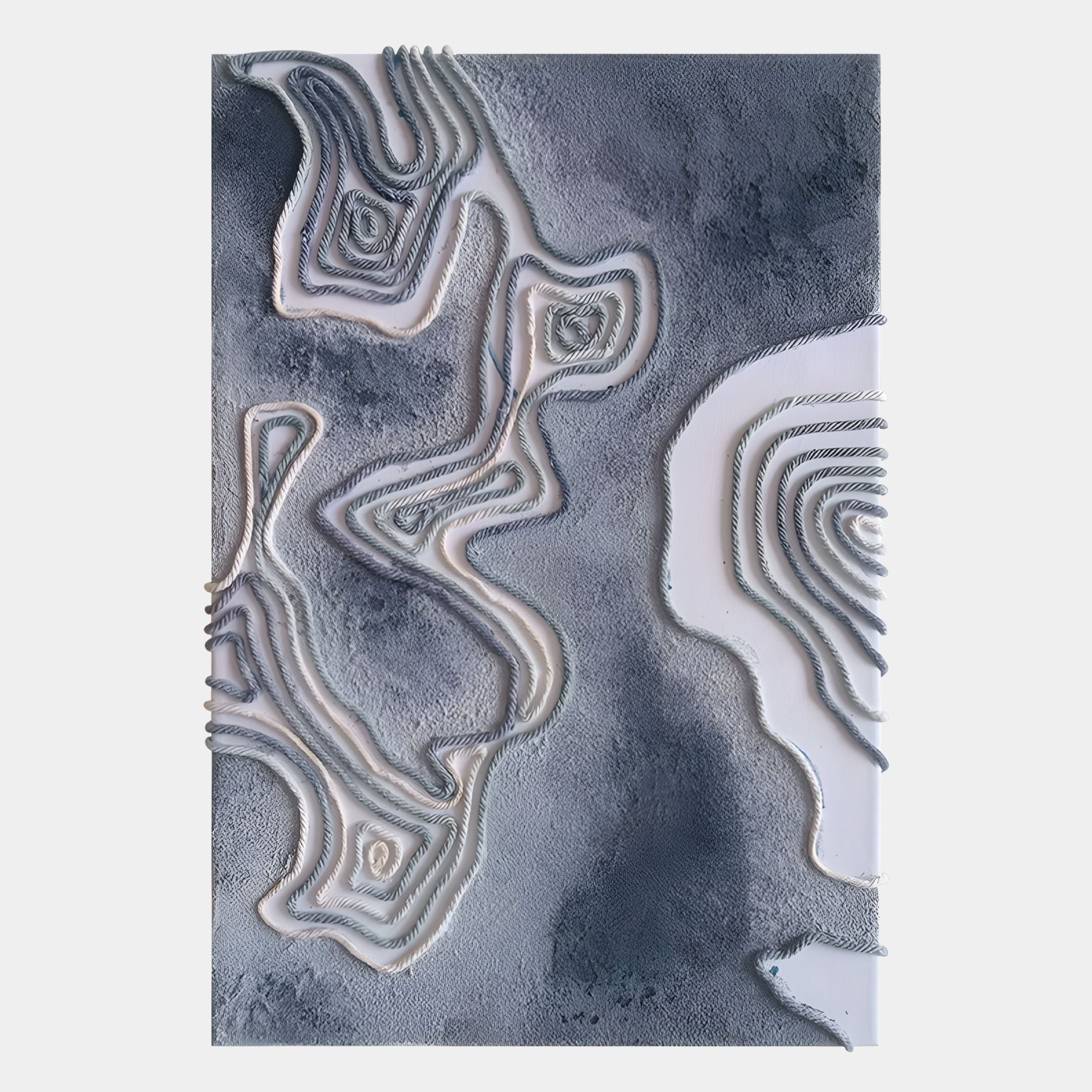 The Terracore Grey Contour Relief Abstract 3D Wall Art by Giant Sculptures features layered, wavy white lines on a textured gray background, creating a topographic effect perfect for modern interiors.