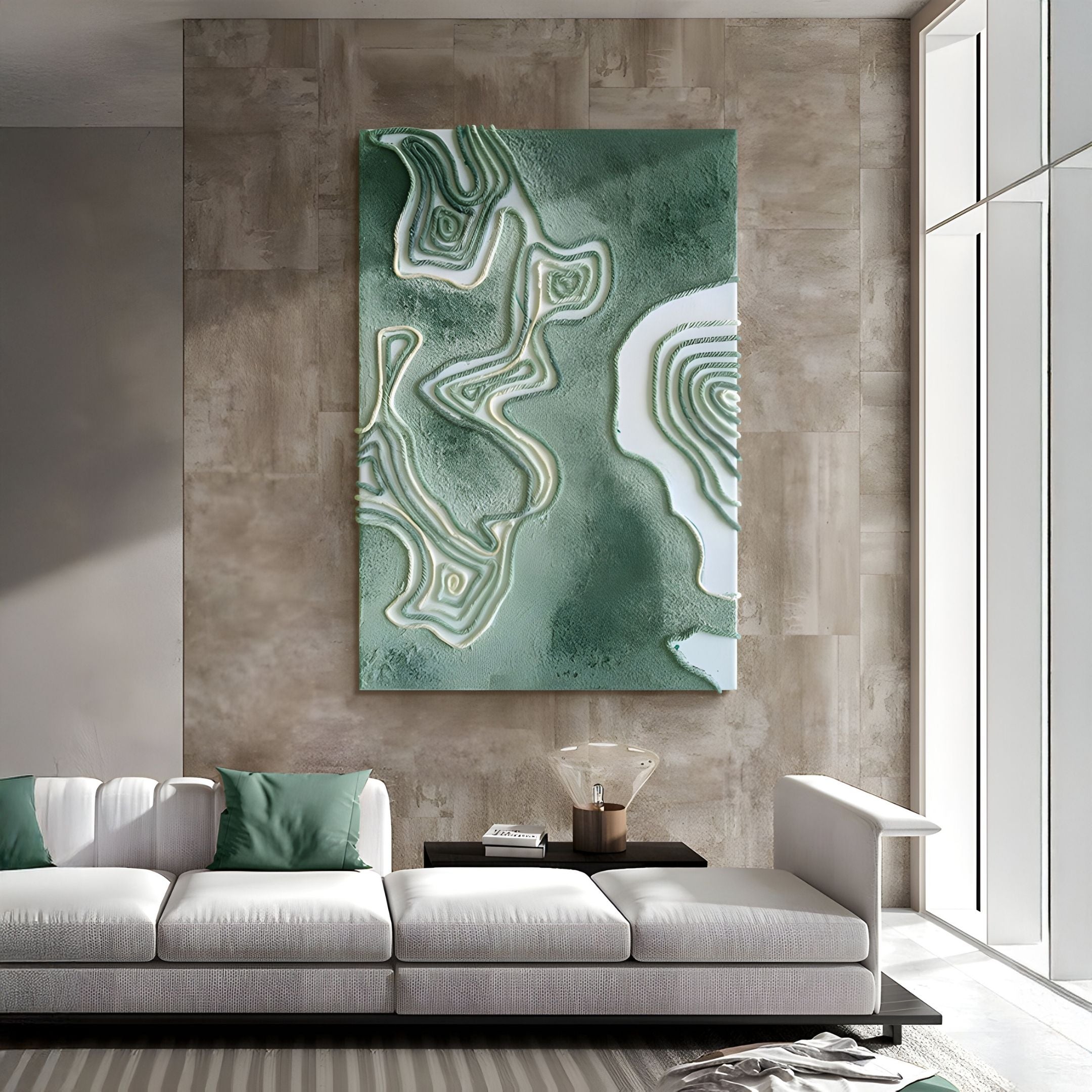 A modern living room with a white sofa, green and white pillows, a glass vase on a black coffee table, and Terracore Green Contour Relief Abstract 3D Wall Art by Giant Sculptures in green and white on the textured wall near tall windows.
