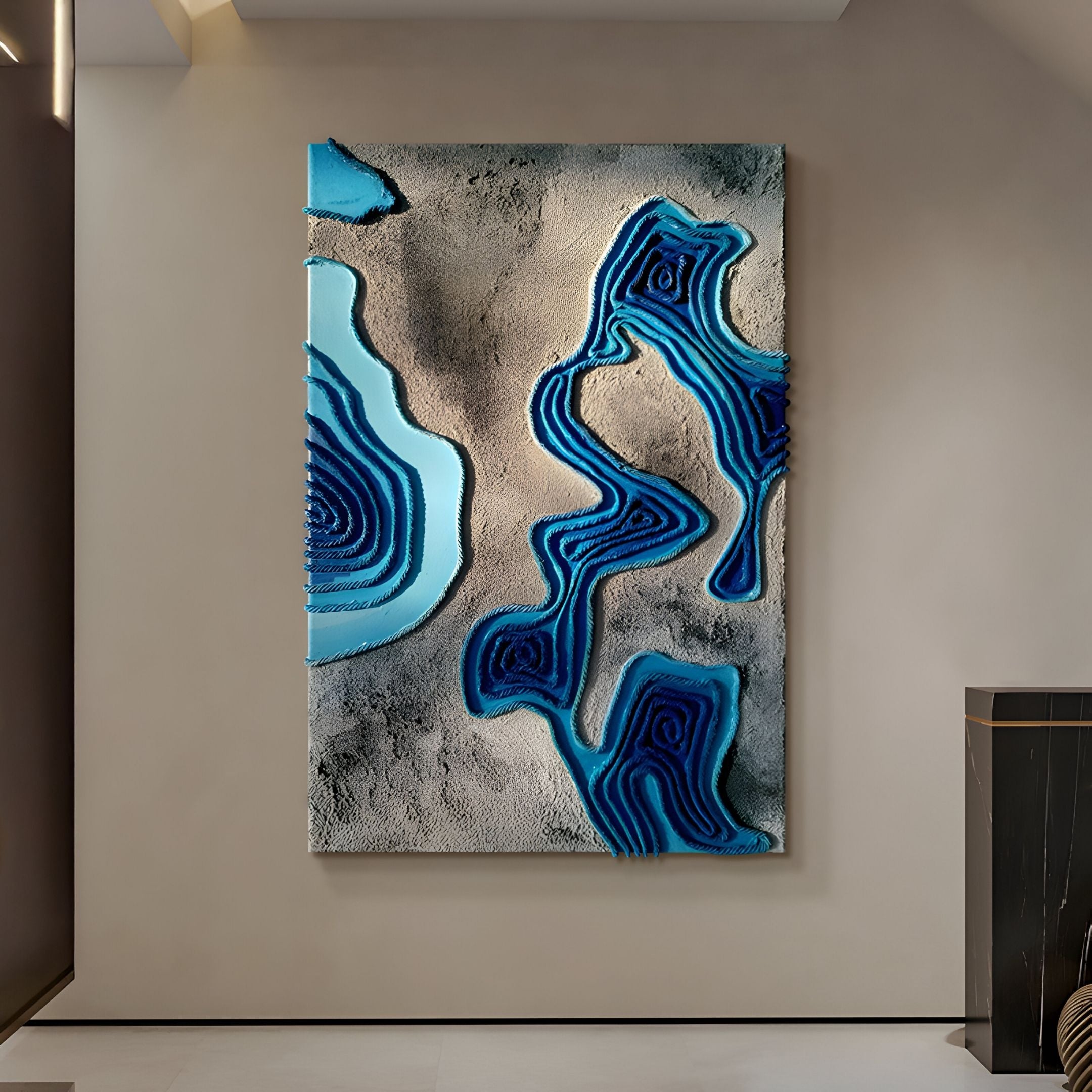 The Terracore Aqua Blue Contour Relief Abstract 3D Wall Art by Giant Sculptures features layered blue shapes on a textured gray background, adding modern style and striking design to any contemporary space.