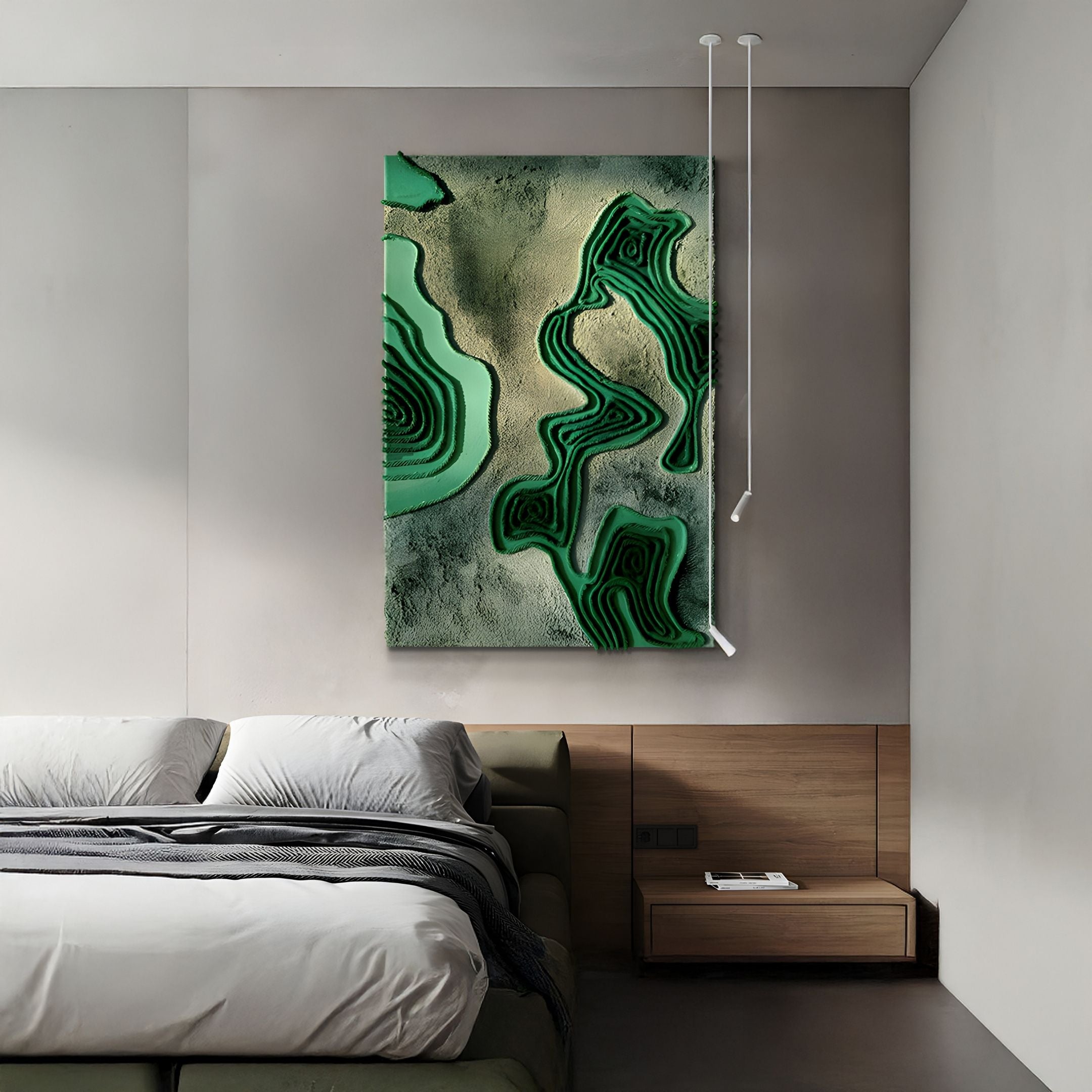 A modern bedroom with a low bed, neutral bedding, and a nightstand displays the Giant Sculptures Terracore Deep Green Contour Relief Abstract 3D Wall Art on a gray accent wall.