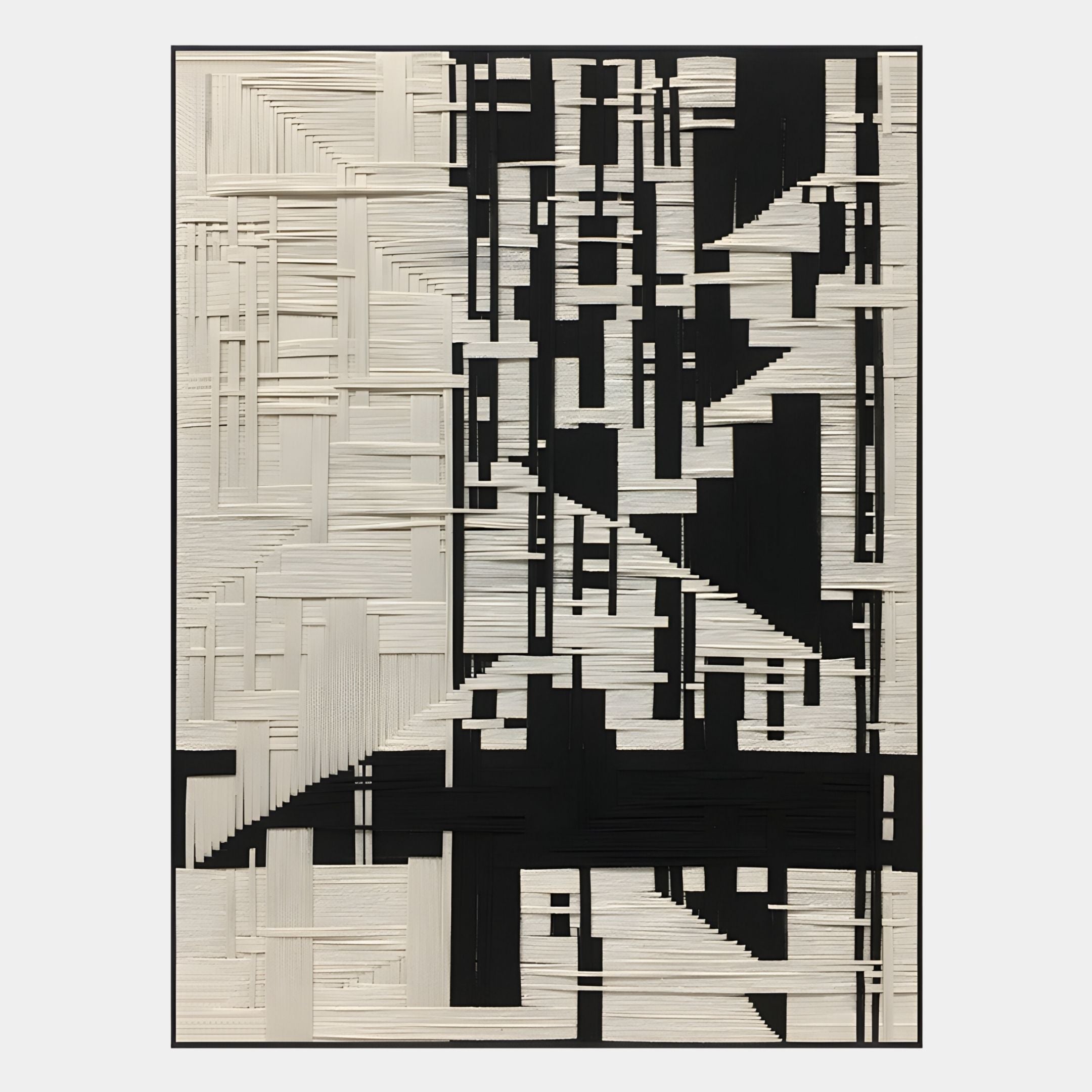 The Lintrix Black & White Geometric Woollen Knit 3D Wall Art by Giant Sculptures features textured intersecting shapes and lines, ideal for fans of modern geometric black and white decor.