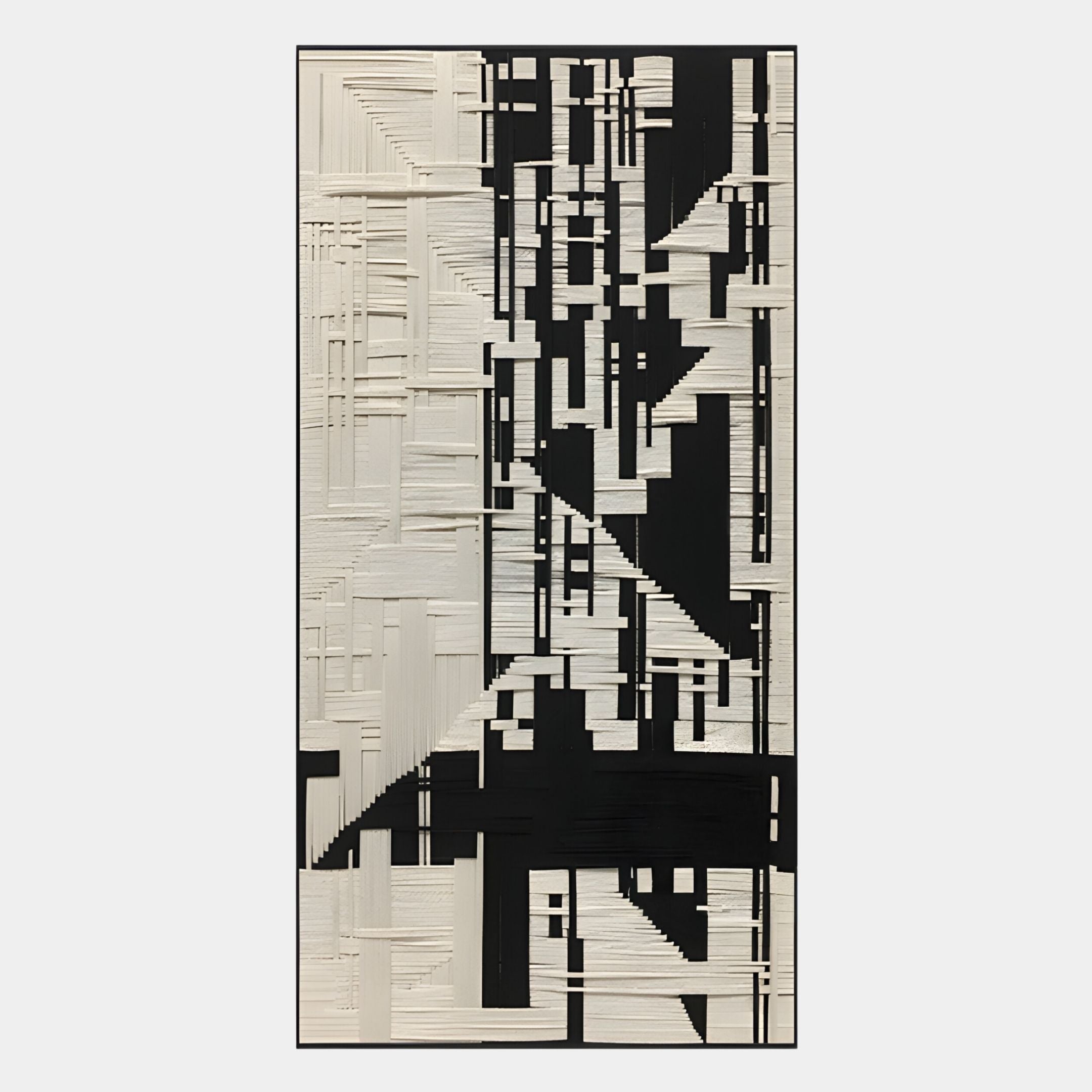 The Lintrix Tall Black & White Geometric Woollen Knit 3D Wall Art by Giant Sculptures features a modern, vertical design with complex grid-like patterns in black and white, adding dynamic abstract style to any space.