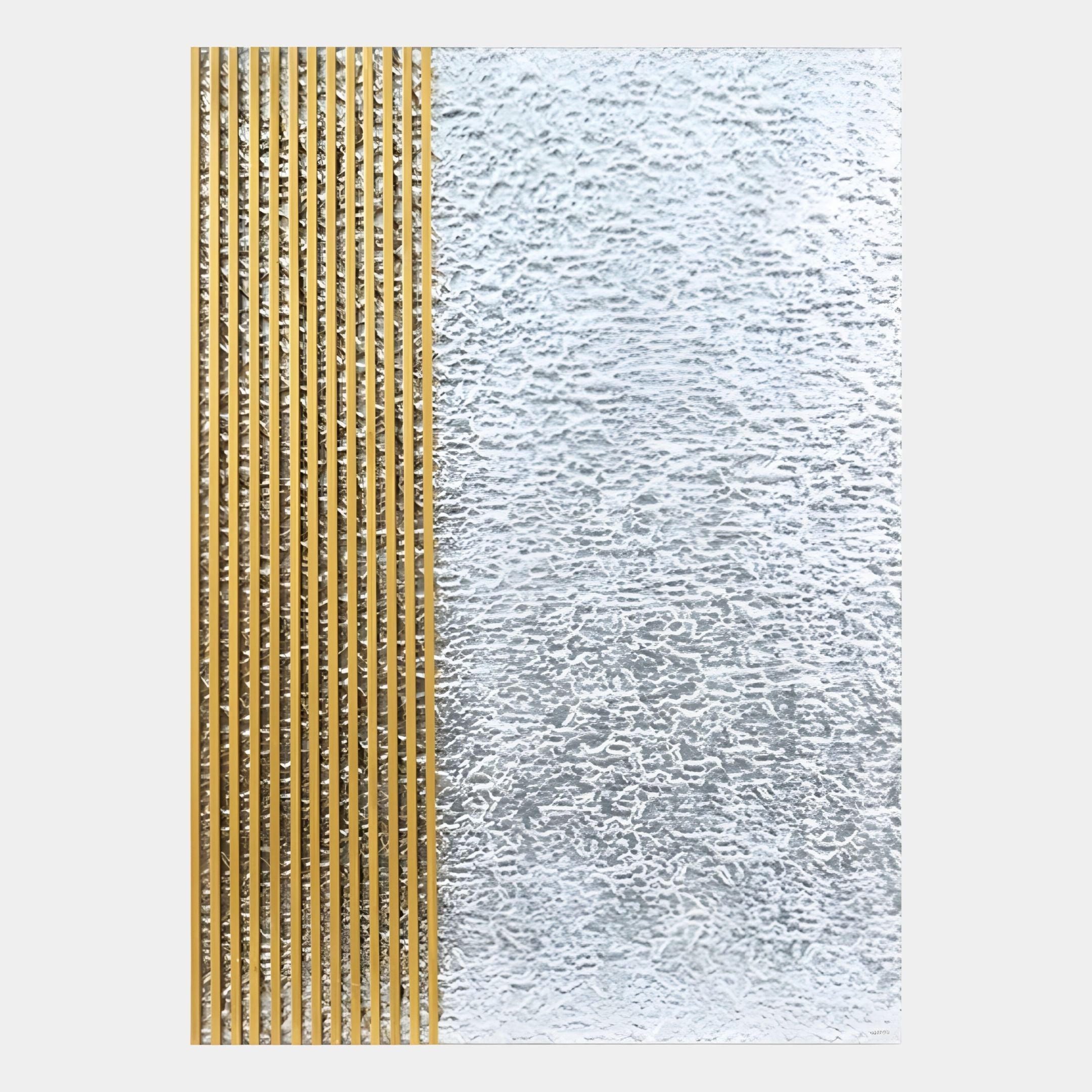 The Metallure Gold Linear Textured Acrylic Silver Foil 3D Wall Art by Giant Sculptures features a rectangular panel with vertical gold accents on the left and a textured, frosted glass surface on the right.