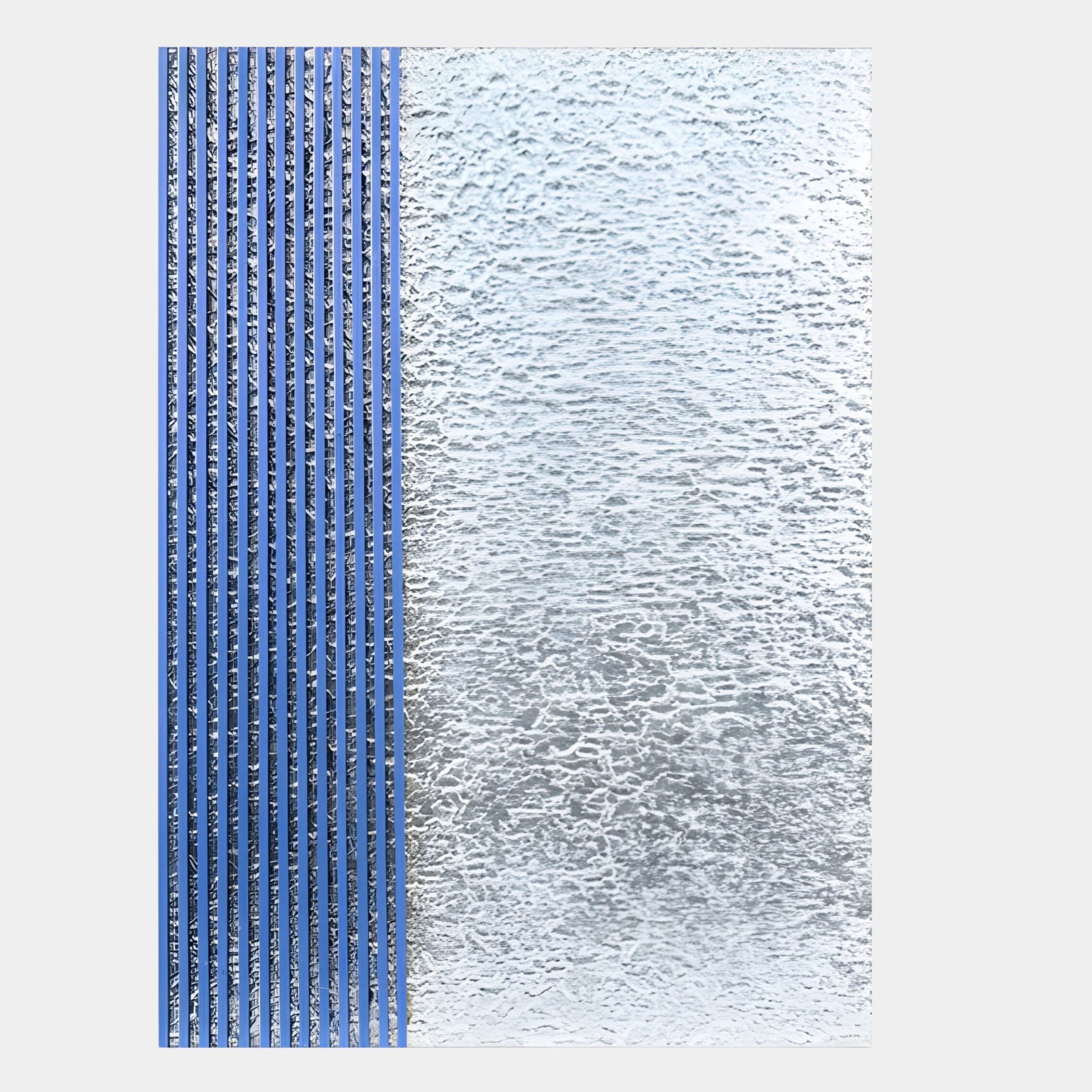The Metallure Blue Linear Textured Acrylic Silver Foil 3D Wall Art by Giant Sculptures features vertical blue lines on one side with rippled frosted glass texture and a white background for a clean, modern look.