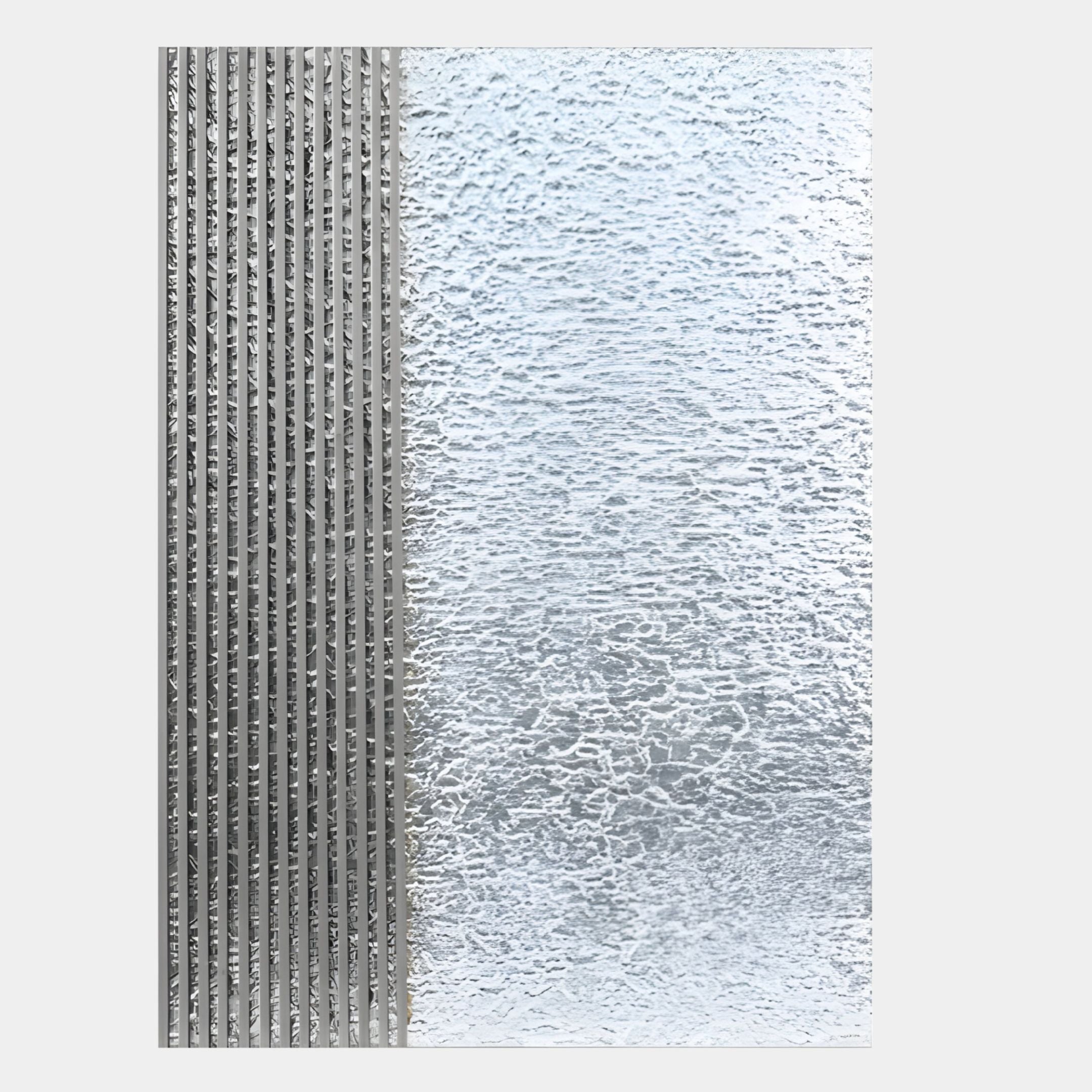 The Metallure Silver Linear Textured Acrylic Silver Foil 3D Wall Art by Giant Sculptures features vertical frosted lines and a wavy cracked-ice pattern, creating an abstract, modern look ideal for contemporary spaces.