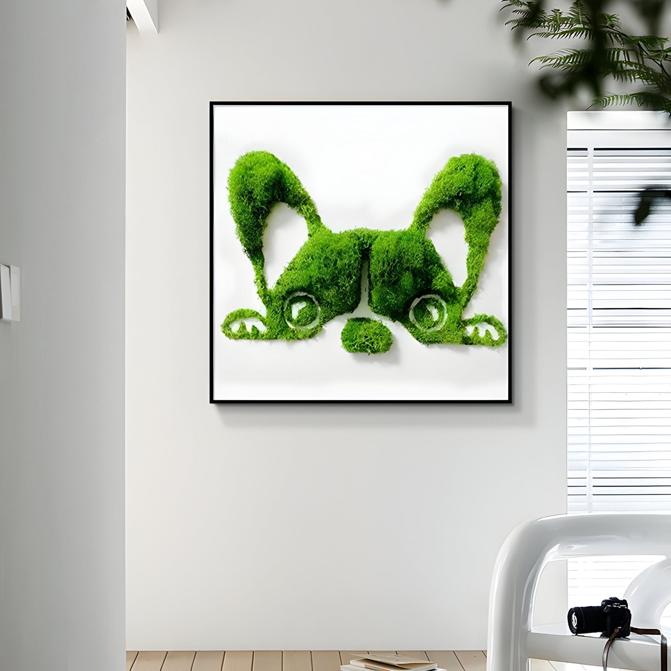 The Verdifable Square Green Puppy Ears Moss 3D Wall Art by Giant Sculptures, a nature-inspired framed piece, decorates a bright, modern room with white furniture and plants.