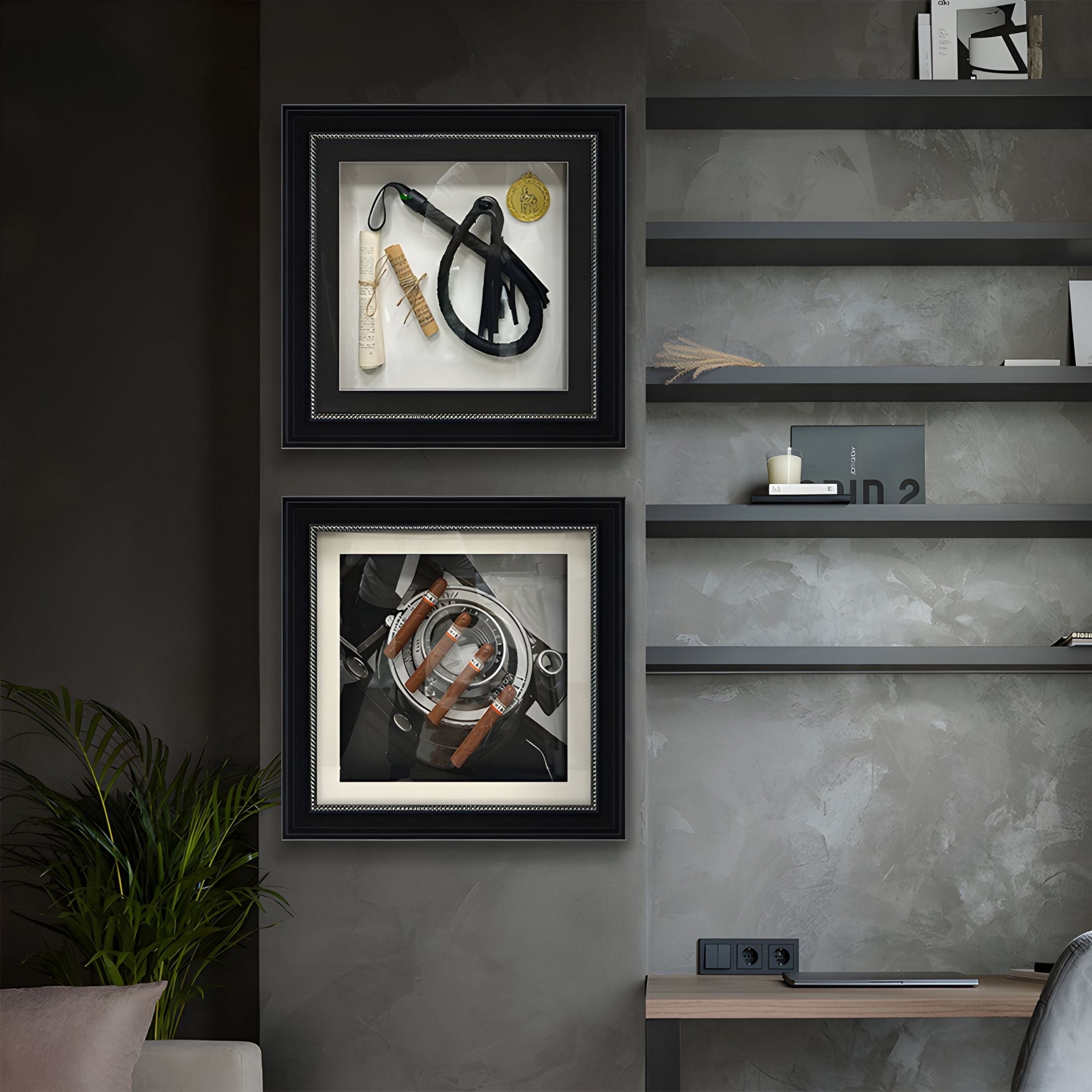 A modern room with gray textured walls, Giant Sculptures' Prestivo Cigar & Vintage Camera Framed Display Wall Art, shelves with minimalist decor, a desk, stylish accessories, and a green plant in the corner.