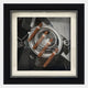 The Prestivo Cigar & Vintage Camera Framed Display Wall Art by Giant Sculptures features four COHIBA cigars on a vintage camera, with a reflected silhouette adding intrigue to this unique wall art piece.