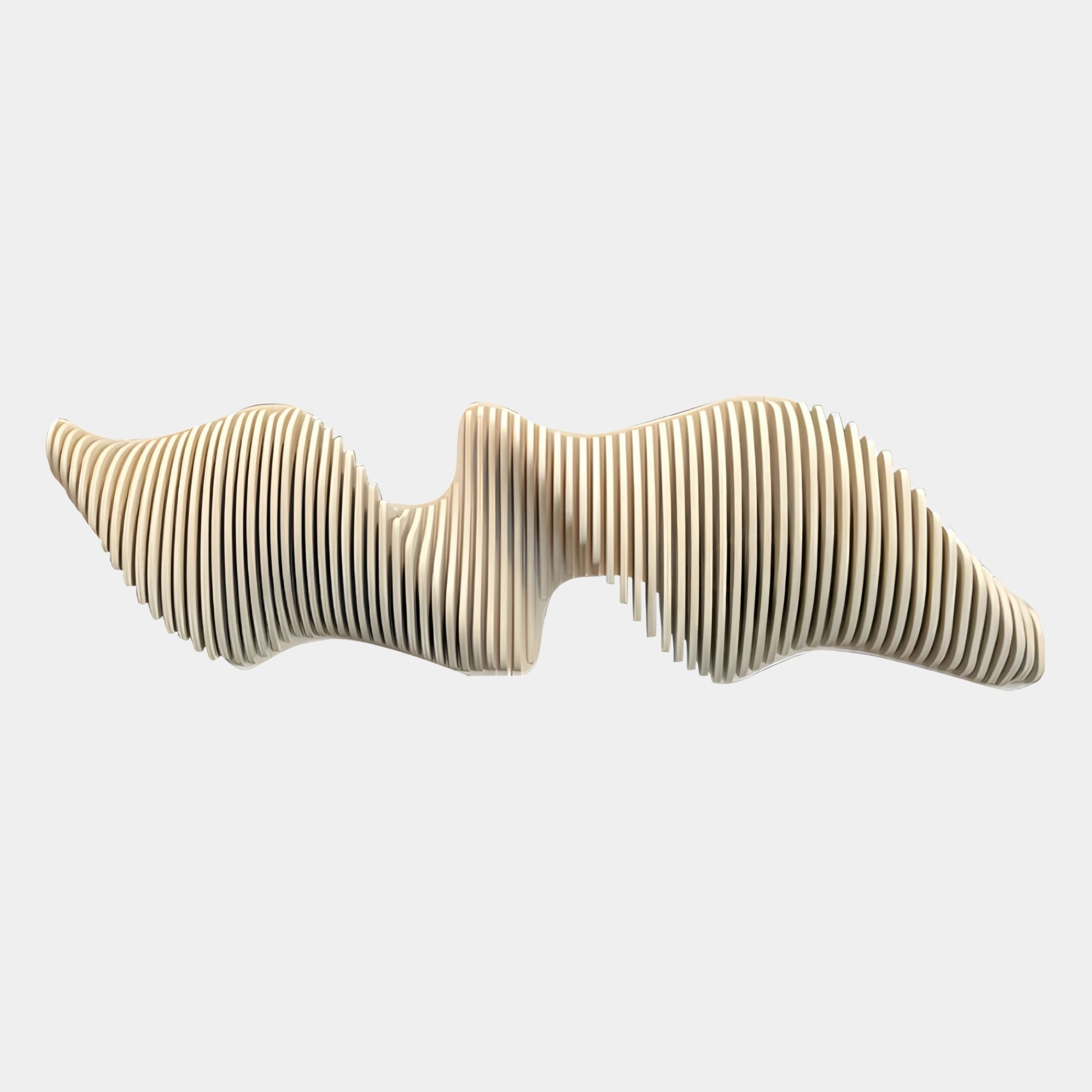 The Aeravox Cream Waveform Sculptural 3D Wall Art by Giant Sculptures features evenly spaced vertical wooden slats forming an elegant, wavy abstract shape, set against a plain light gray background.