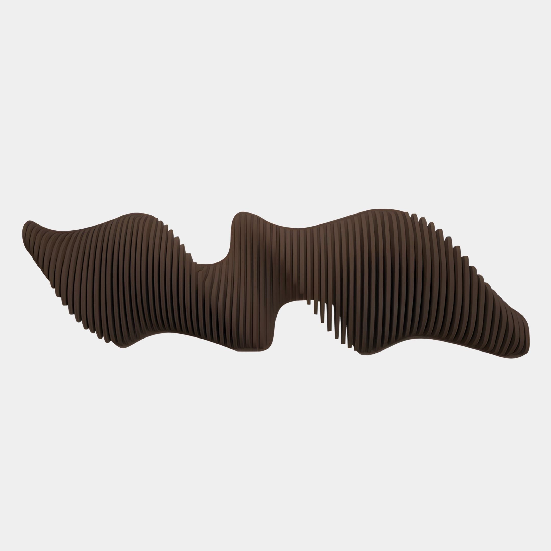 The Aeravox Dark Brown Waveform Sculptural 3D Wall Art by Giant Sculptures features a modern, abstract wavy form of layered wooden slats in brown, resembling a bench and displayed on a white background.