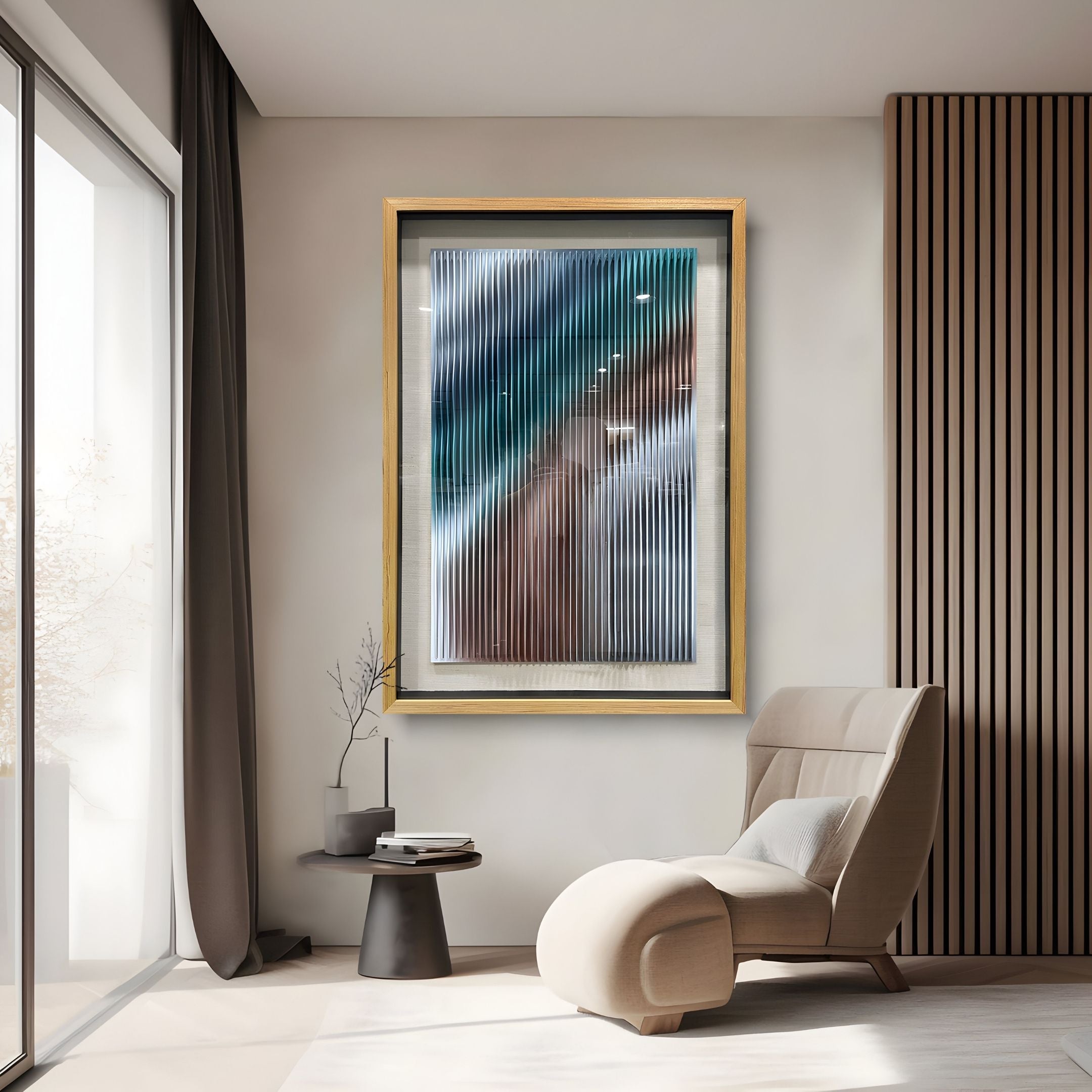 A modern living room with a beige lounge chair, round black side table topped with a vase of twigs, and Lentari Blue & Teal Gradient Wood Carving 3D Wall Art by Giant Sculptures. Sheer curtains on a large window let sunlight in.