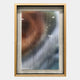 The Lentari Amber & Frosted Silver Gradient Wood Carving 3D Wall Art by Giant Sculptures features vertical, wavy white lines over blurred brown, blue, white, and black shades in a light wood frame—ideal for modern interiors.