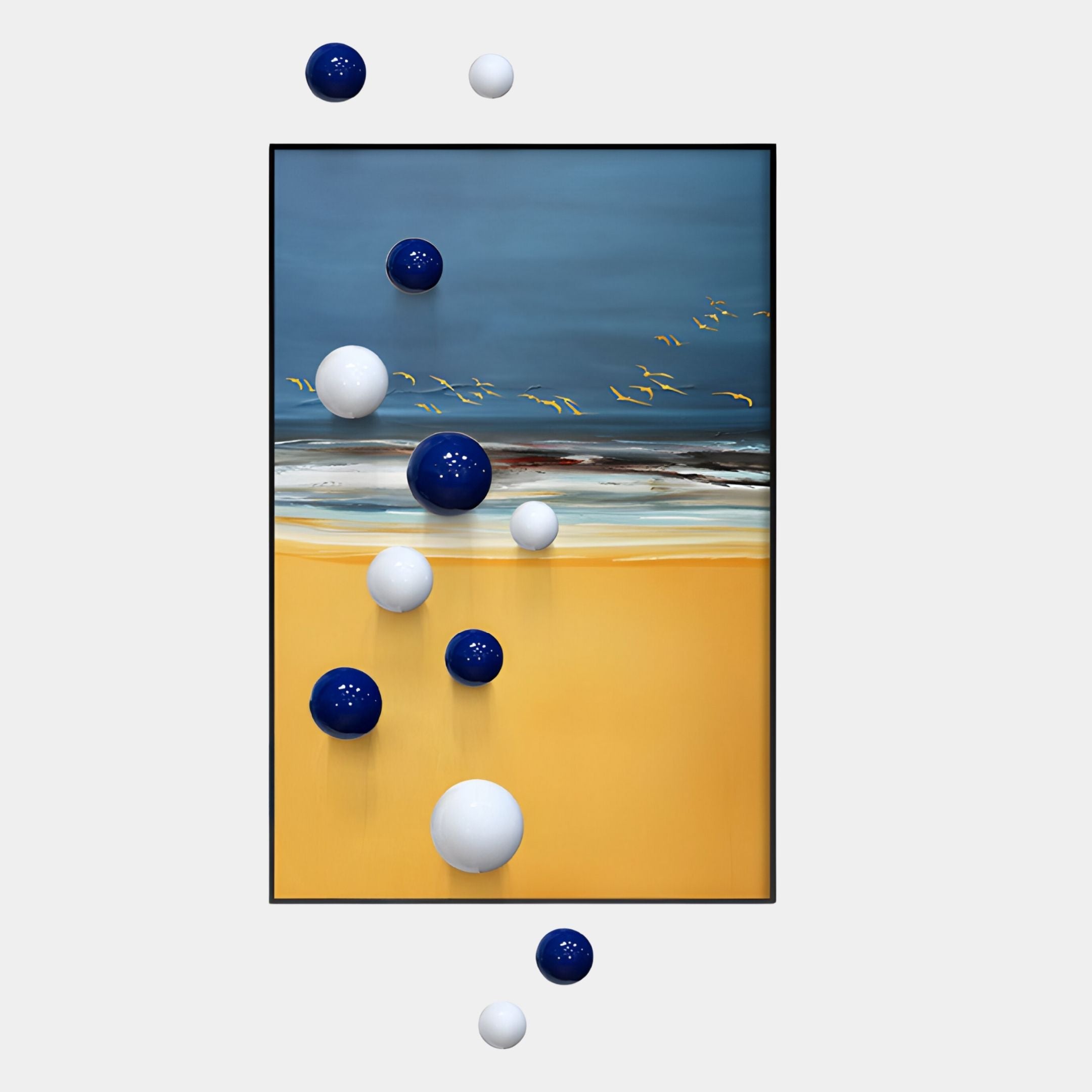 The Giant Sculptures Aerisphere Coastal Horizon Vertical 3D Wall Art features a beach scene with blue sky, waves, yellow sand, and metal blue and white spheres attached to and floating around the artwork.