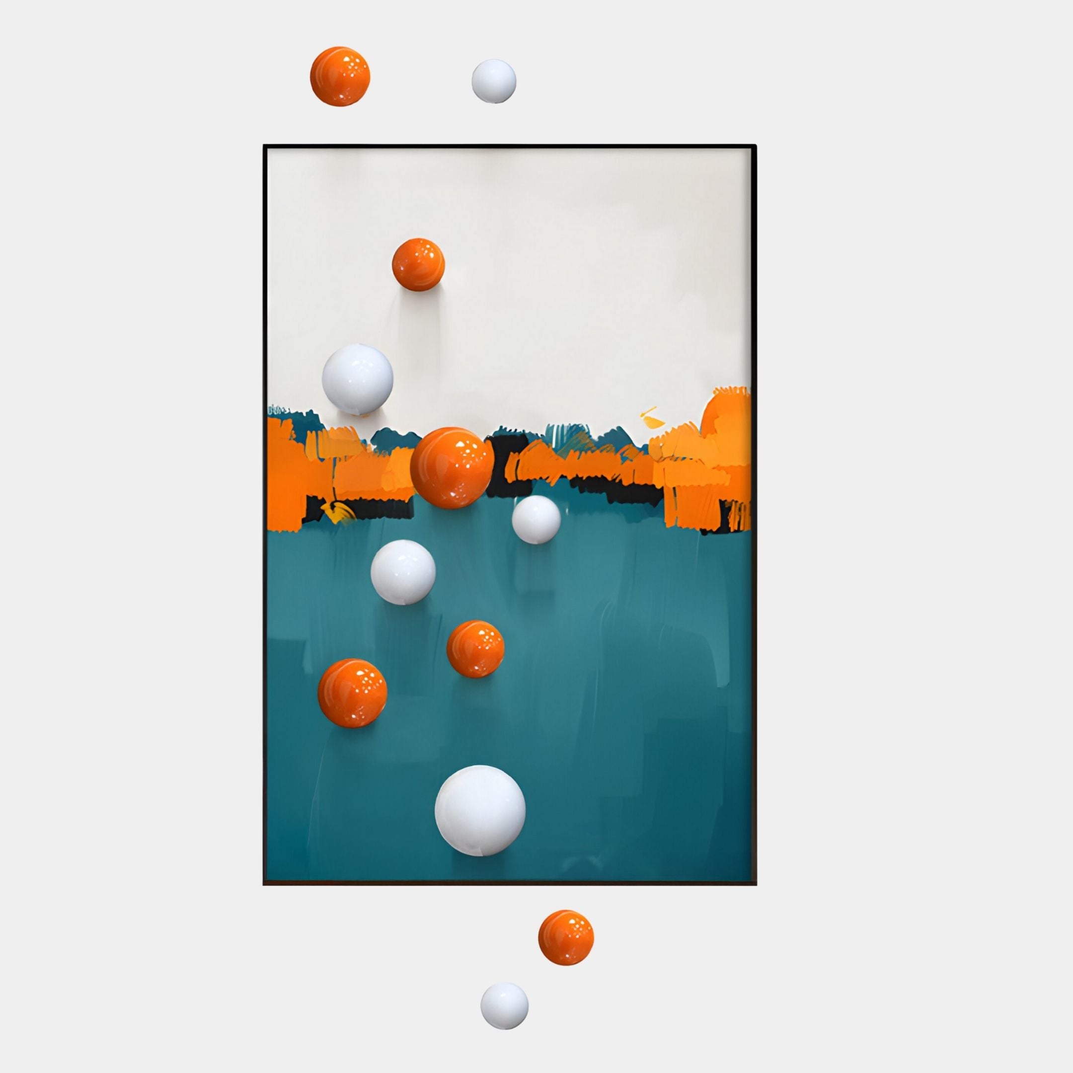 The Aerisphere Abstract Drift Vertical 3D Wall Art With Metal Balls by Giant Sculptures features orange, teal, and white blocks with raised spheres extending beyond the frame—creating bold abstract wall decor for any space.